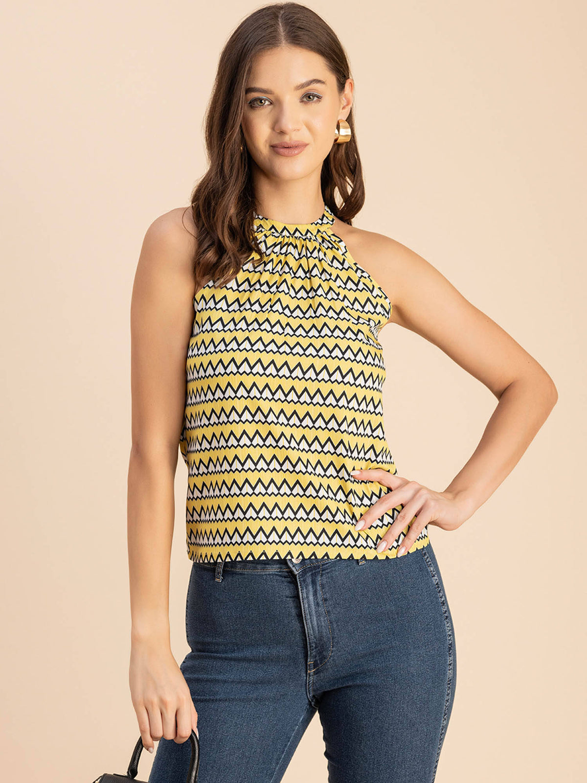 Women Free Fit Polyester Geometric Yellow Top | HT67 - view 5
