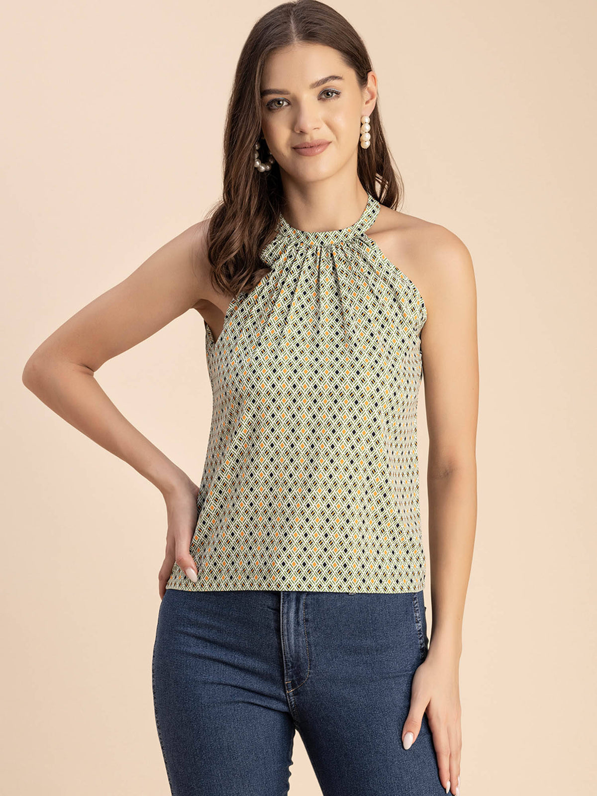 Women Free Fit Polyester Geometric Yellow Top | HT67 - view 13