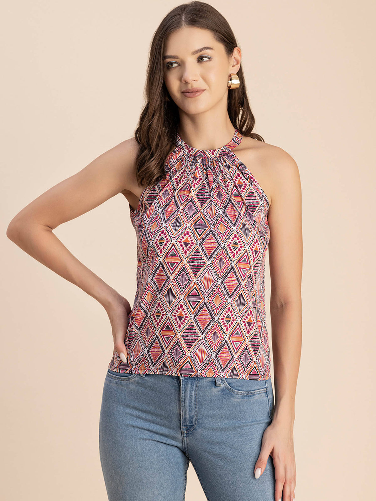 Women Free Fit Polyester Geometric Yellow Top | HT67 - view 19
