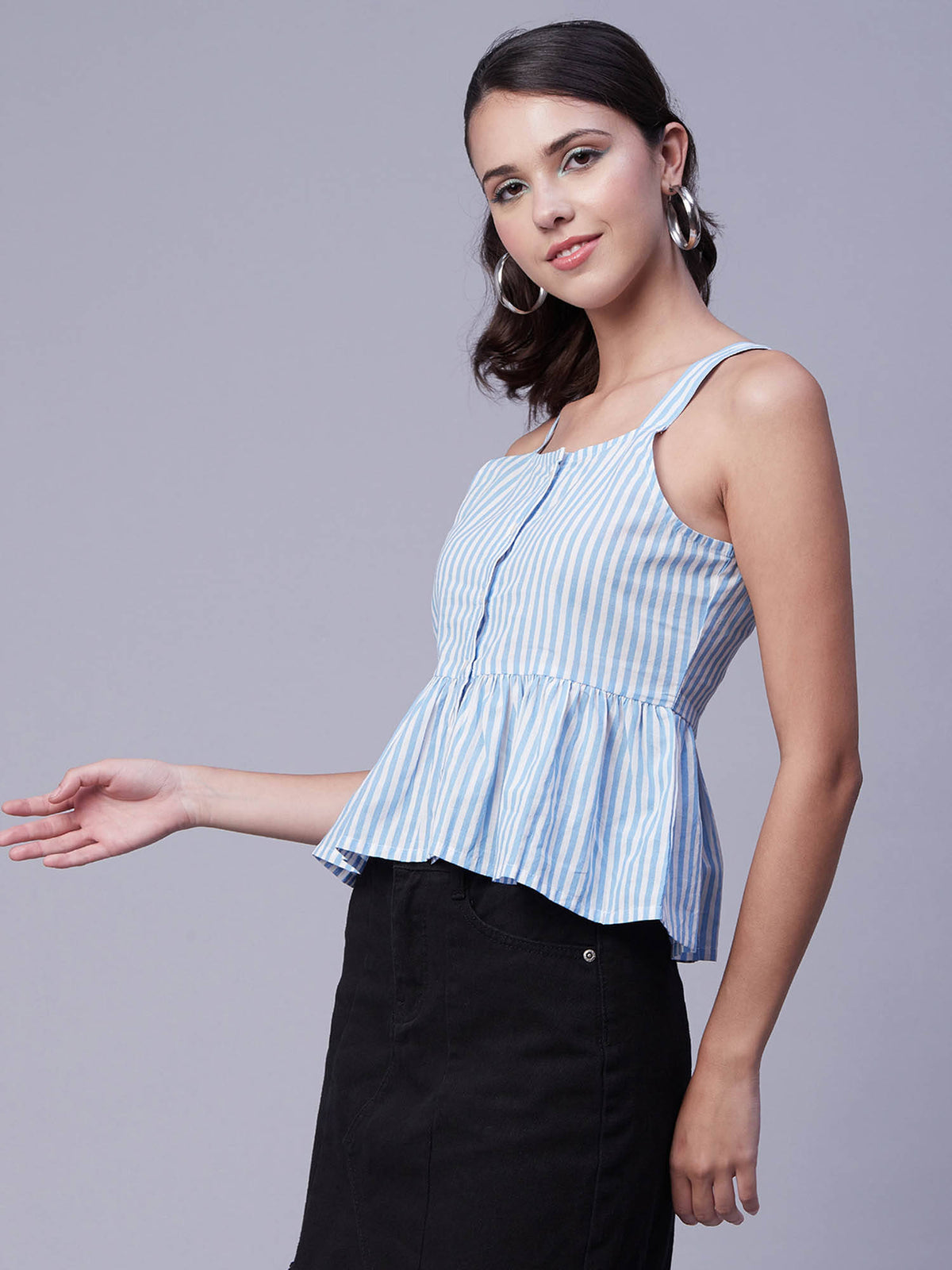 Women Peplum Fit Cotton Stripes Blue Top | pt51 - view 2