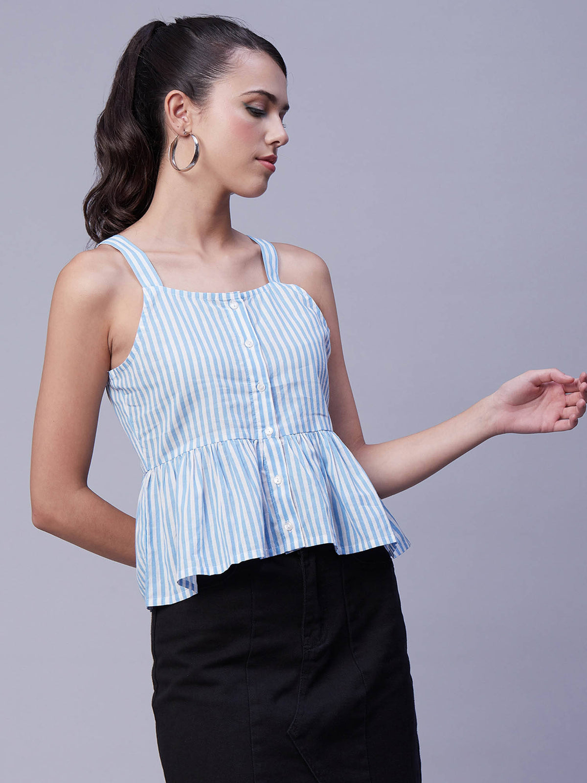 Women Peplum Fit Cotton Stripes Blue Top | pt51 - view 4