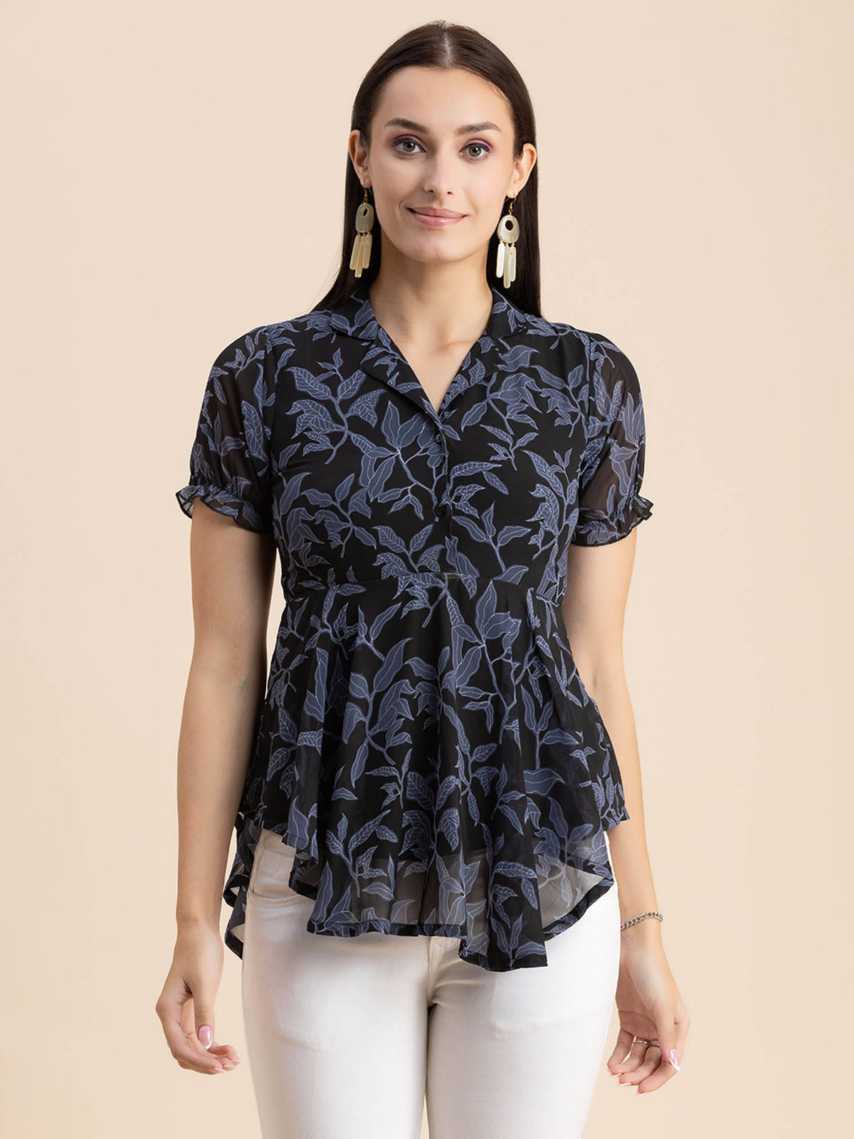 Women Peplum Fit Georgette Floral Black Top | pt51 - view 1
