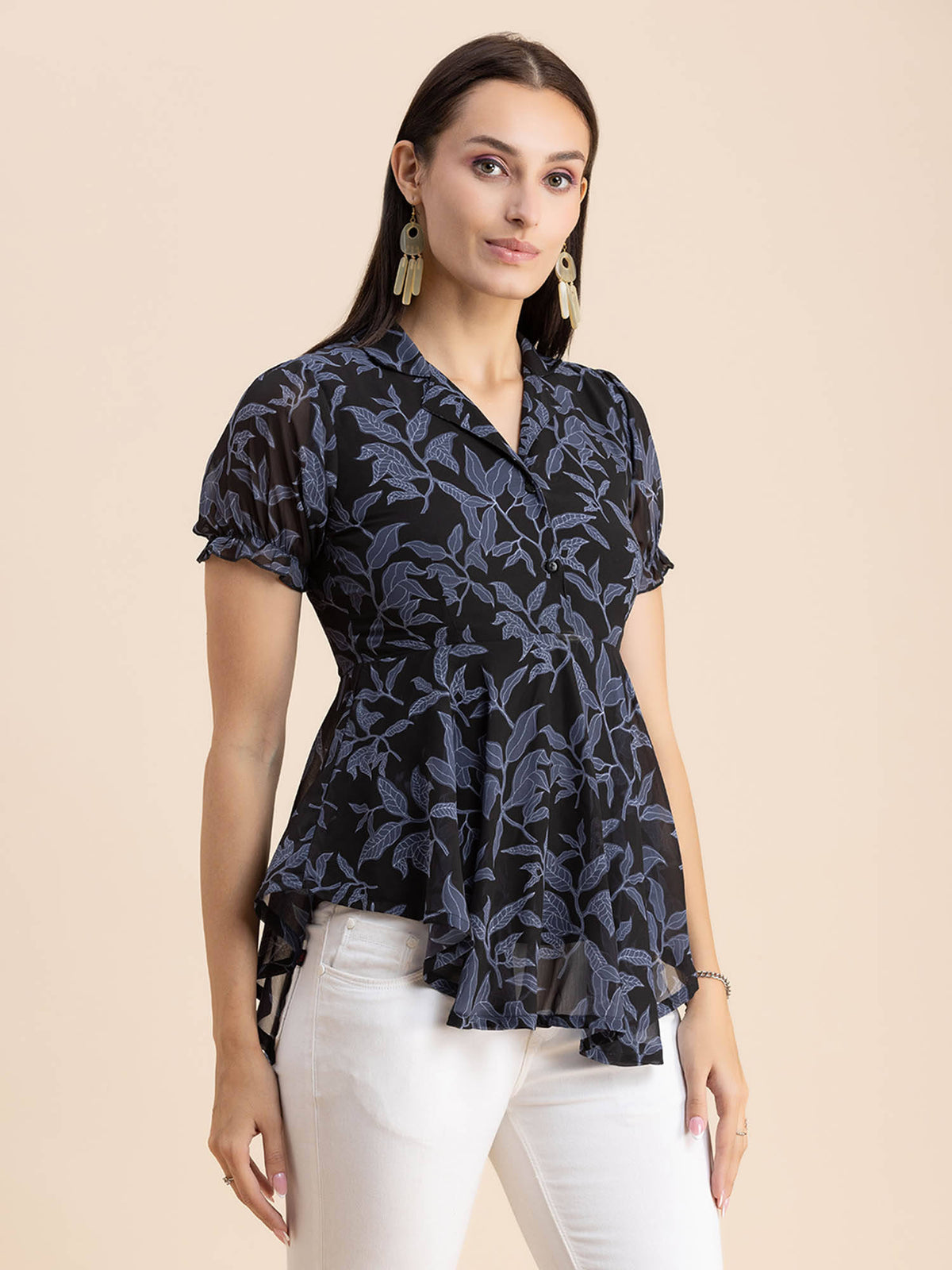 Women Peplum Fit Georgette Floral Black Top | pt51 - view 2