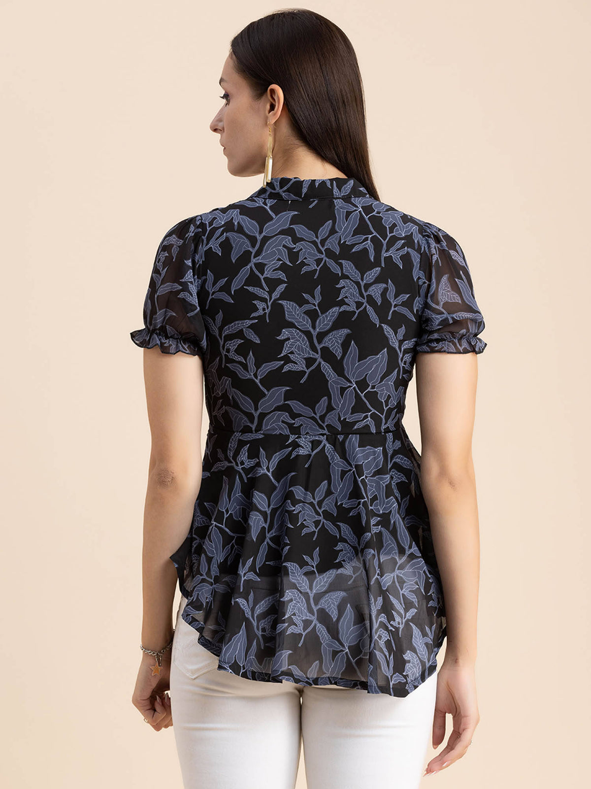 Women Peplum Fit Georgette Floral Black Top | pt51 - view 3