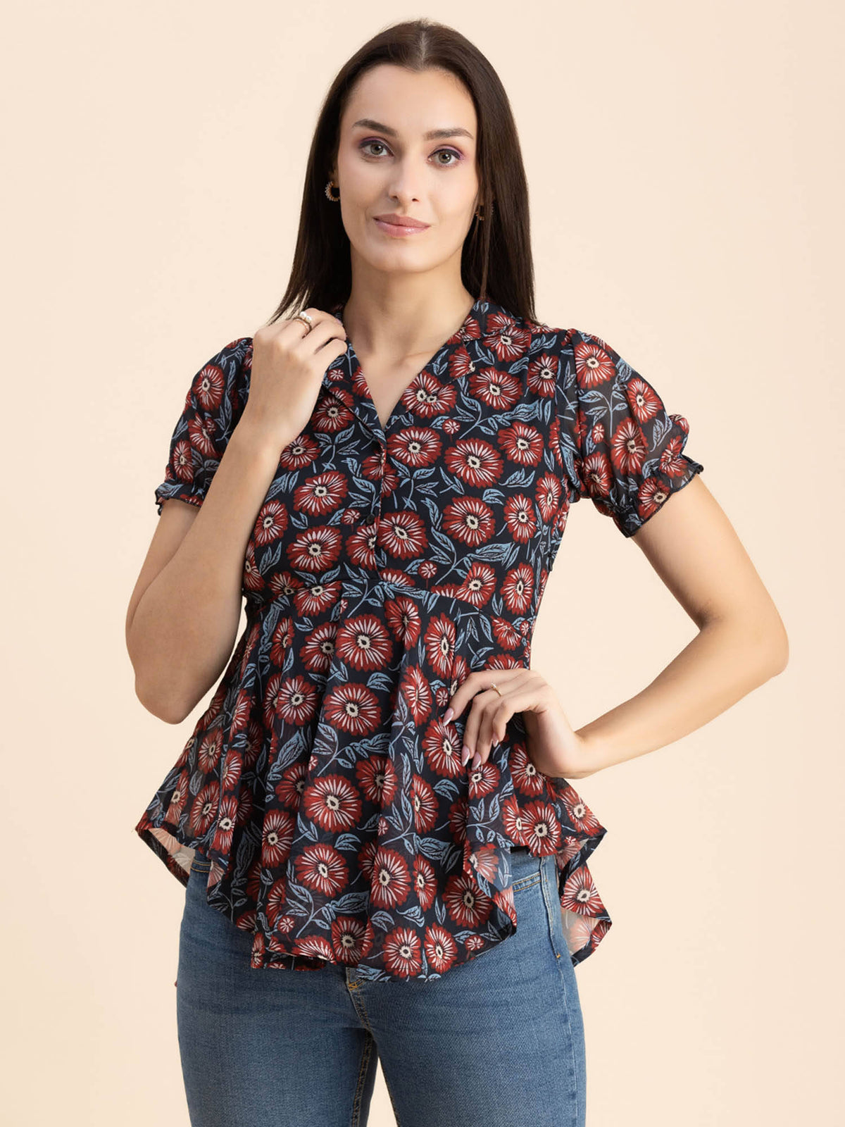 Women Peplum Fit Georgette Floral Black Top | pt51 - view 25