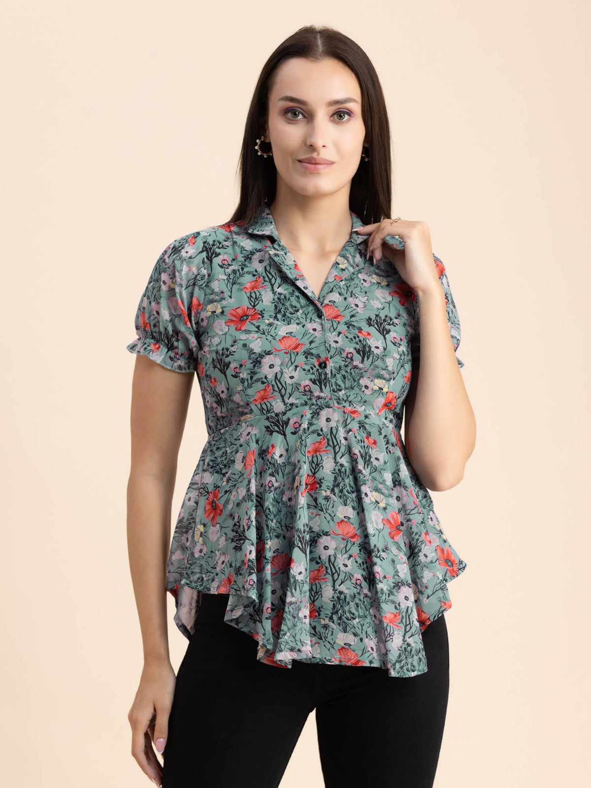 Women Peplum Fit Georgette Floral Black Top | pt51 - view 19
