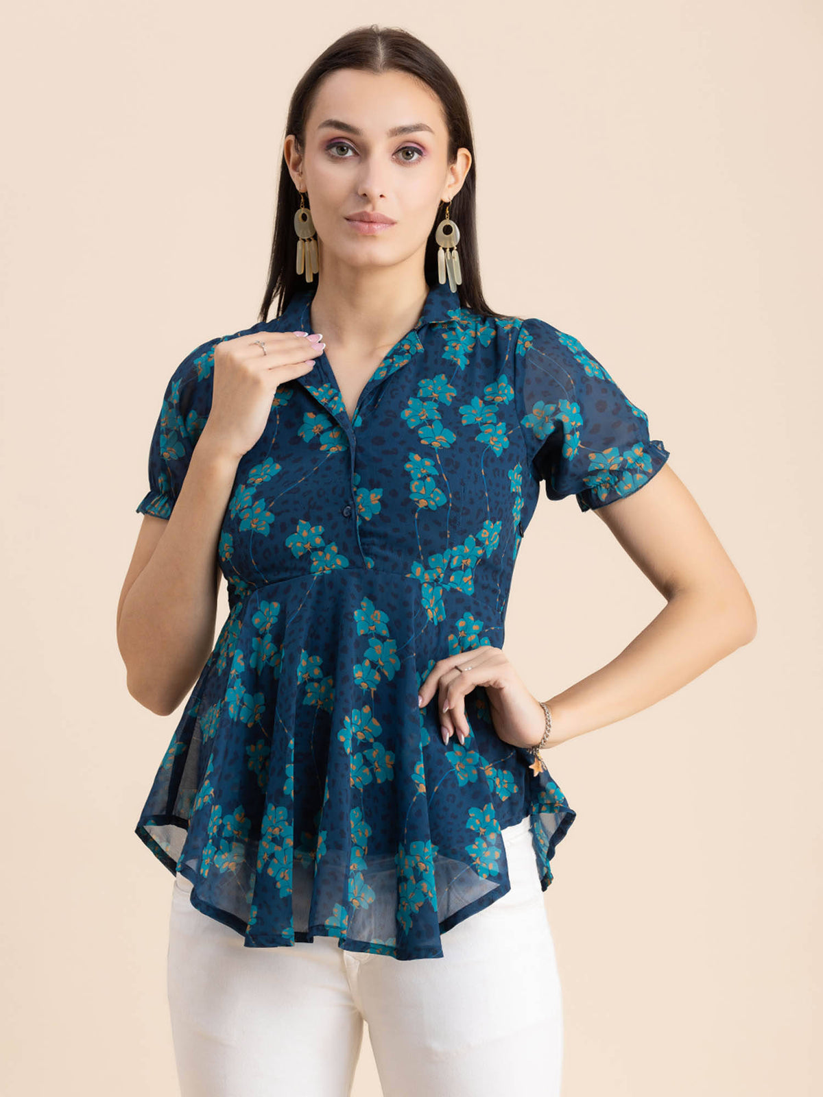Women Peplum Fit Georgette Floral Black Top | pt51 - view 13