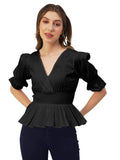 Women Peplum Fit Poplin Solid Black Top | pt51 - view 1
