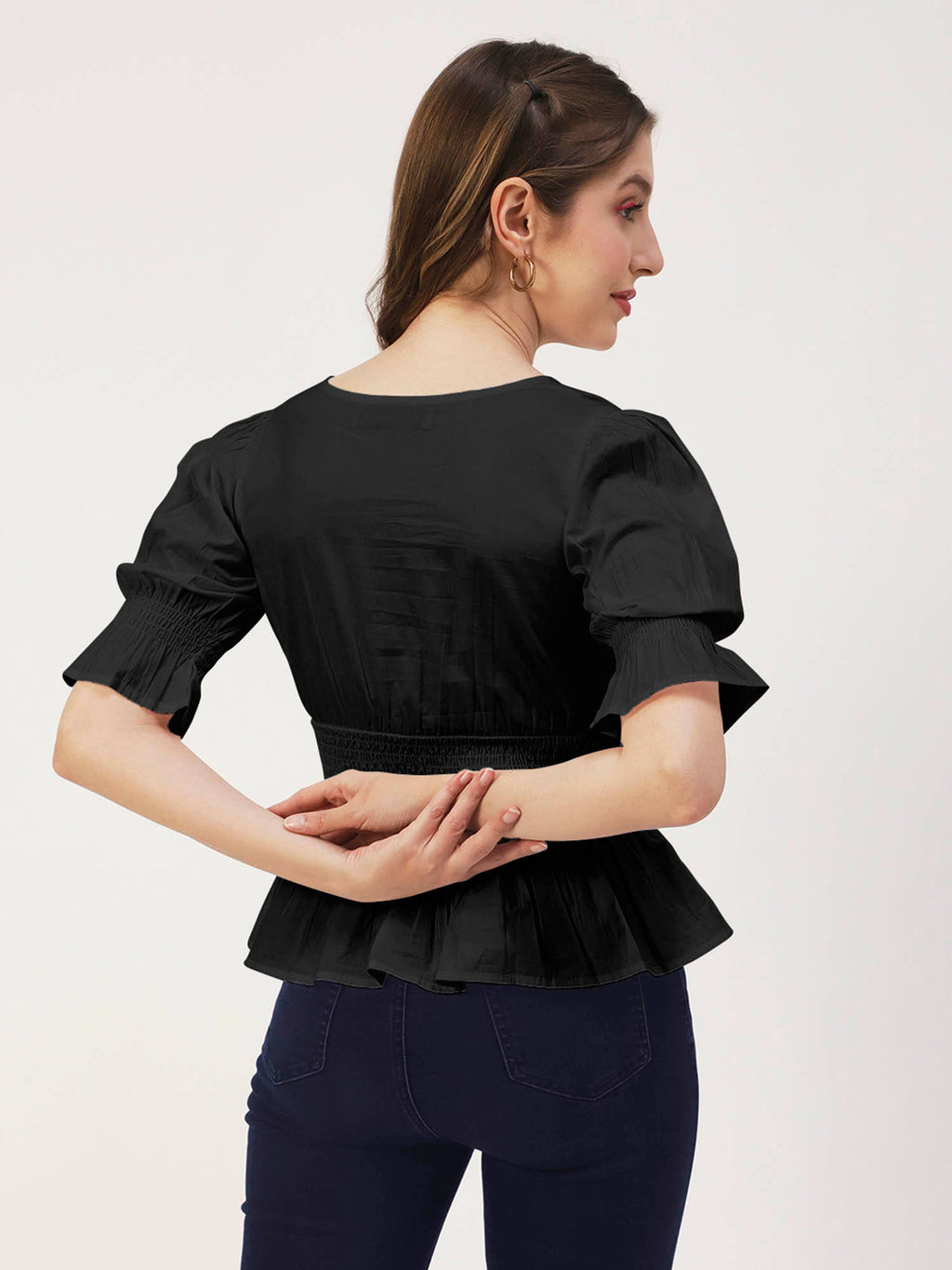 Women Peplum Fit Poplin Solid Black Top | pt51 - view 2