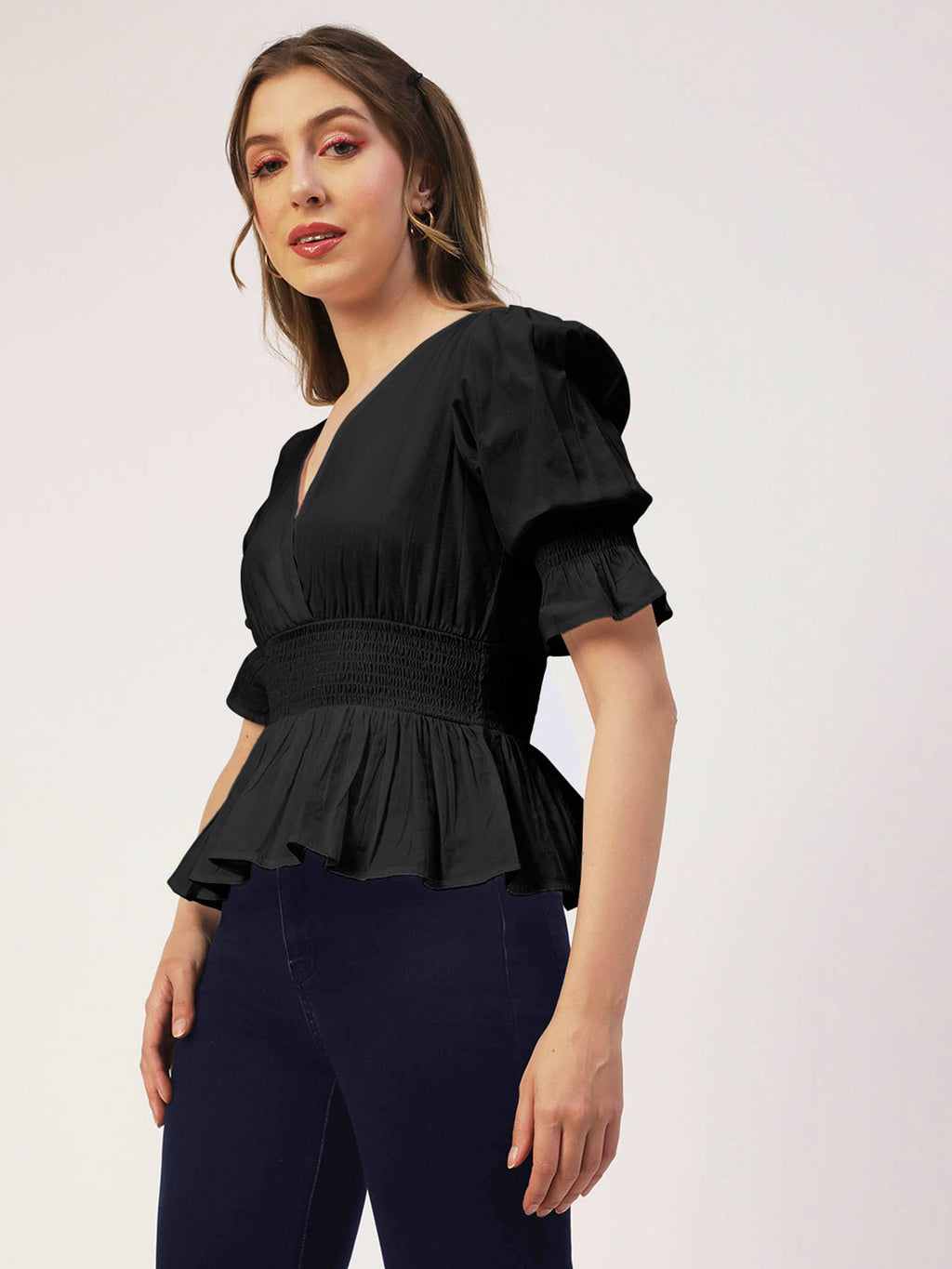 Women Peplum Fit Poplin Solid Black Top | pt51 - view 3