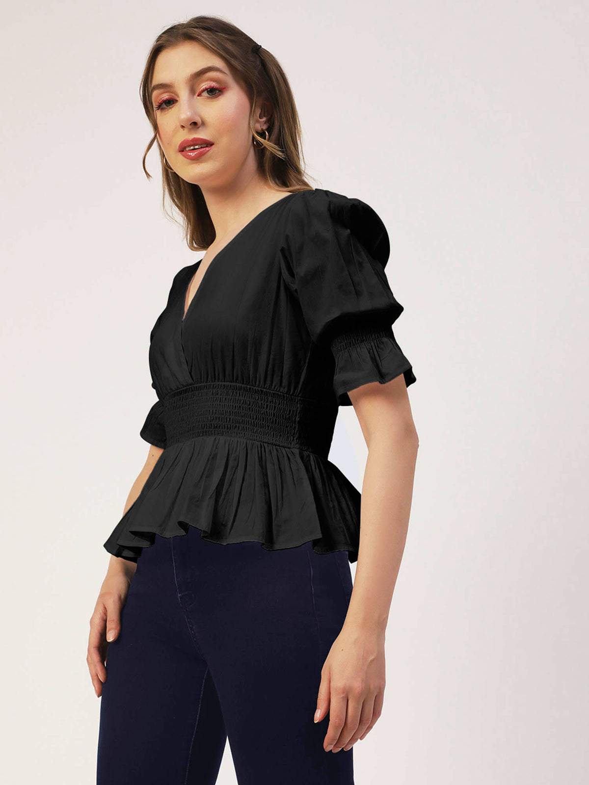 Women Peplum Fit Poplin Solid Black Top | pt51 - view 3