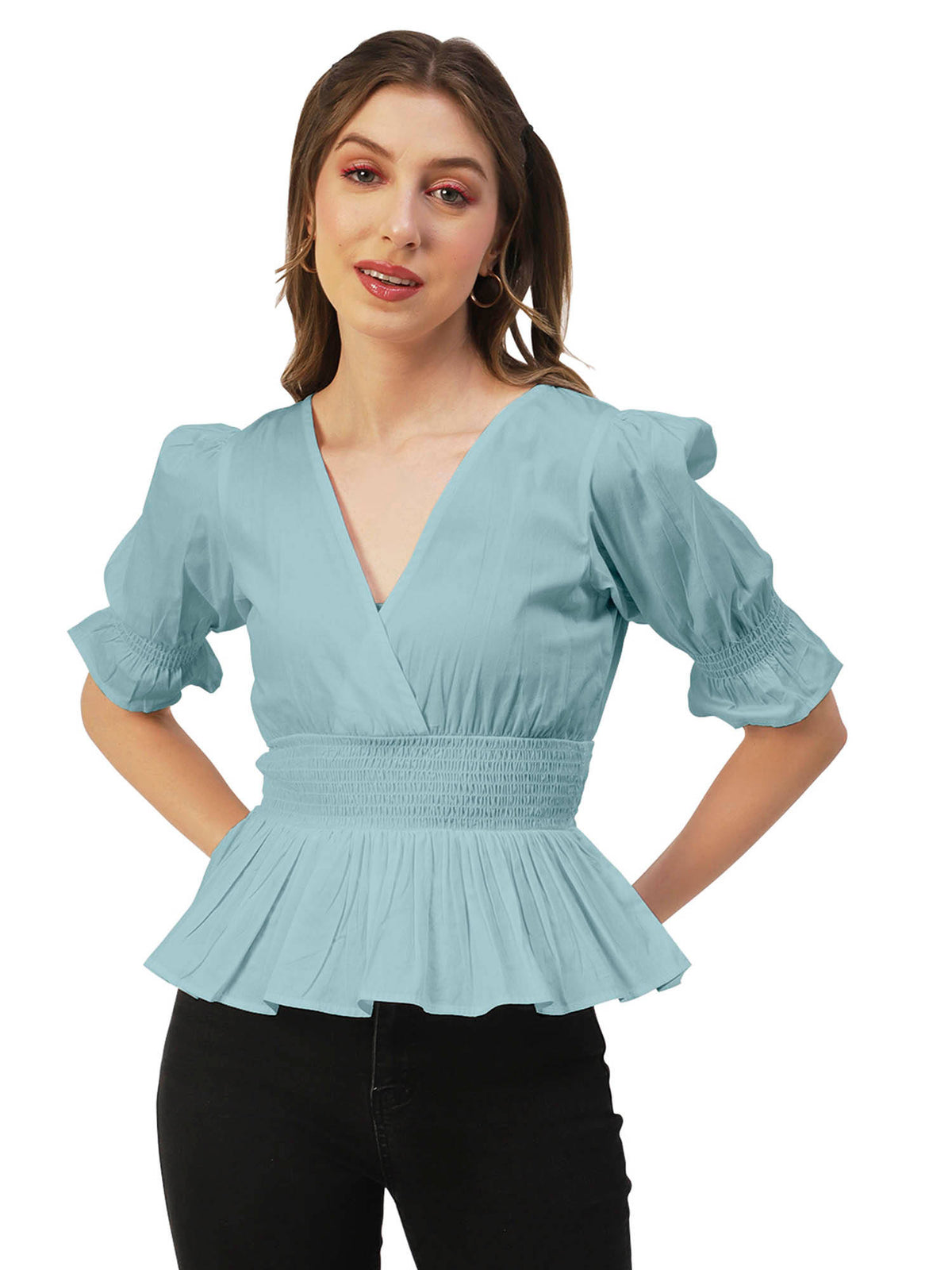 Women Peplum Fit Poplin Solid Blue Top | pt51 - view 1