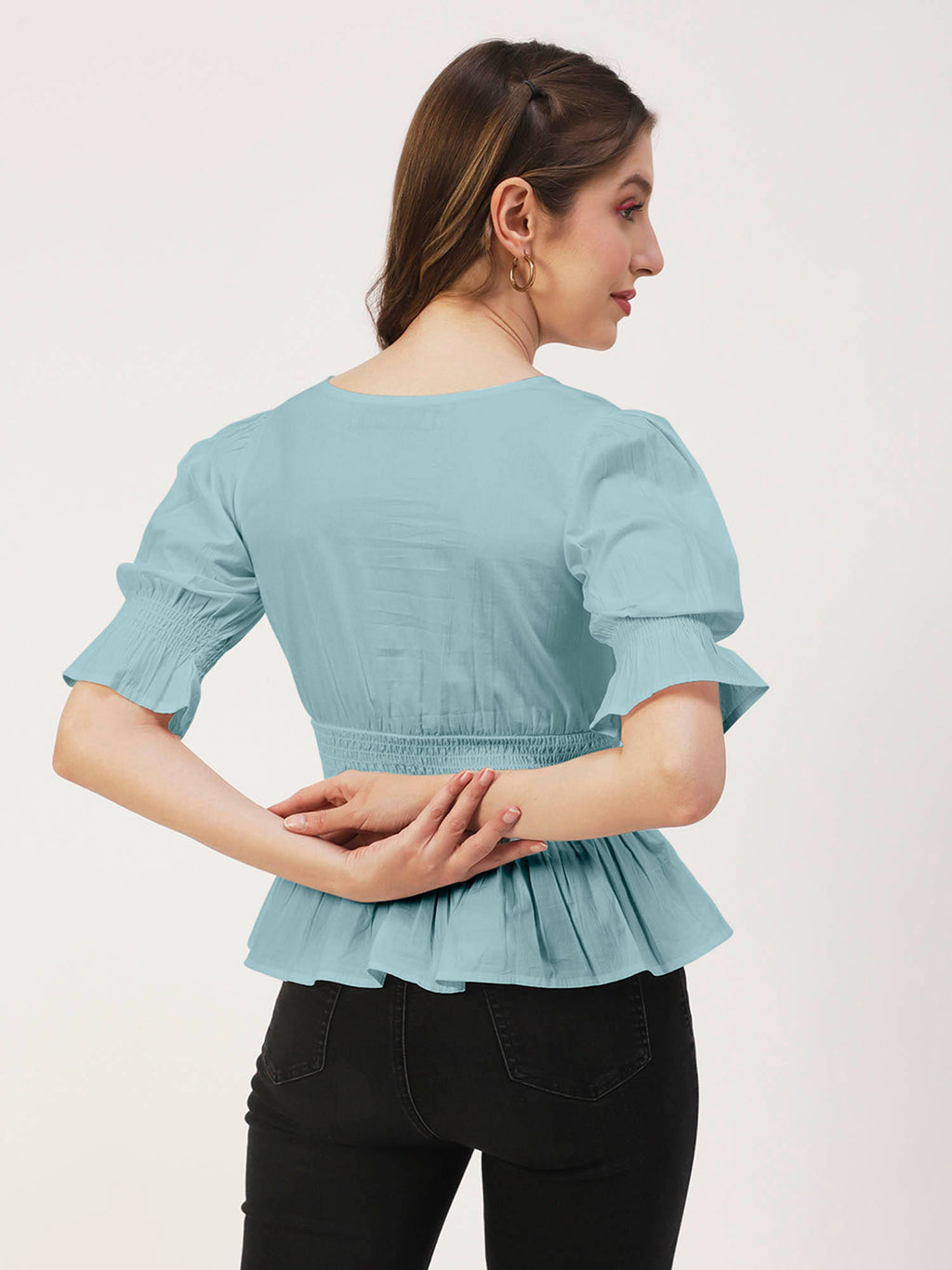 Women Peplum Fit Poplin Solid Blue Top | pt51 - view 2