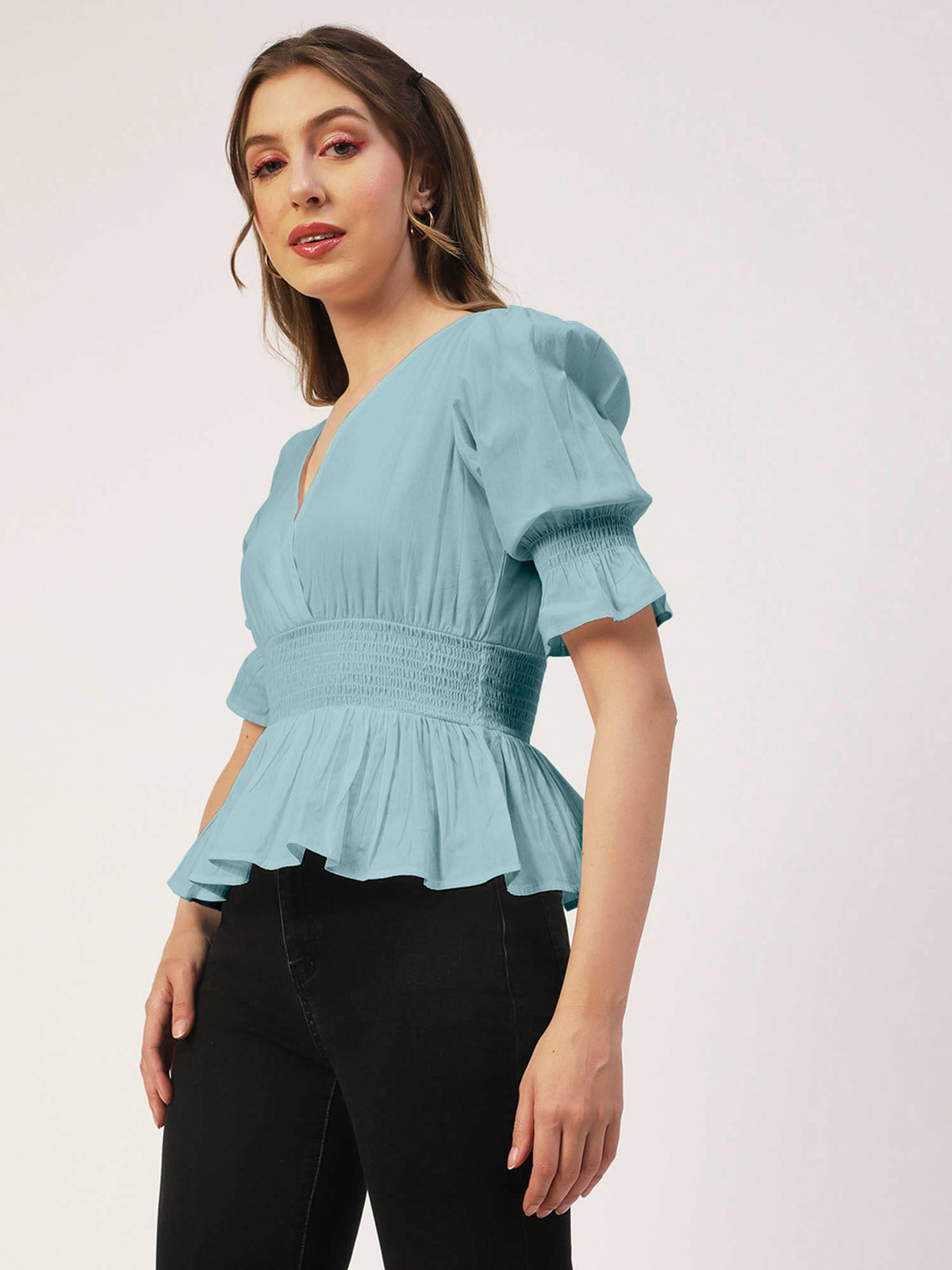 Women Peplum Fit Poplin Solid Blue Top | pt51 - view 3