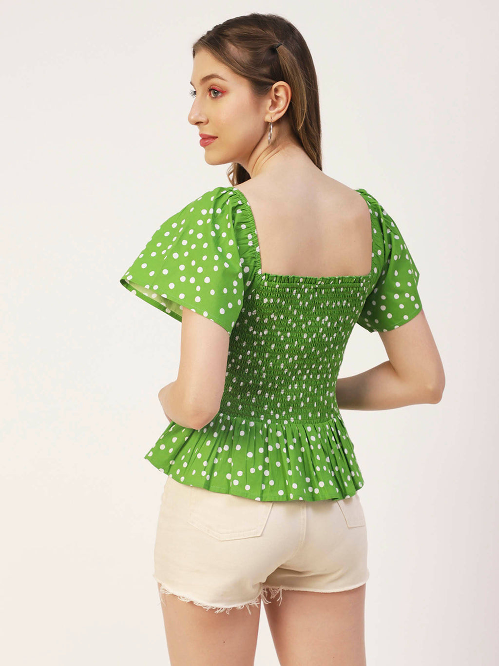 Women Peplum Fit Poplin Polka Dots Green Top | pt51 - view 2