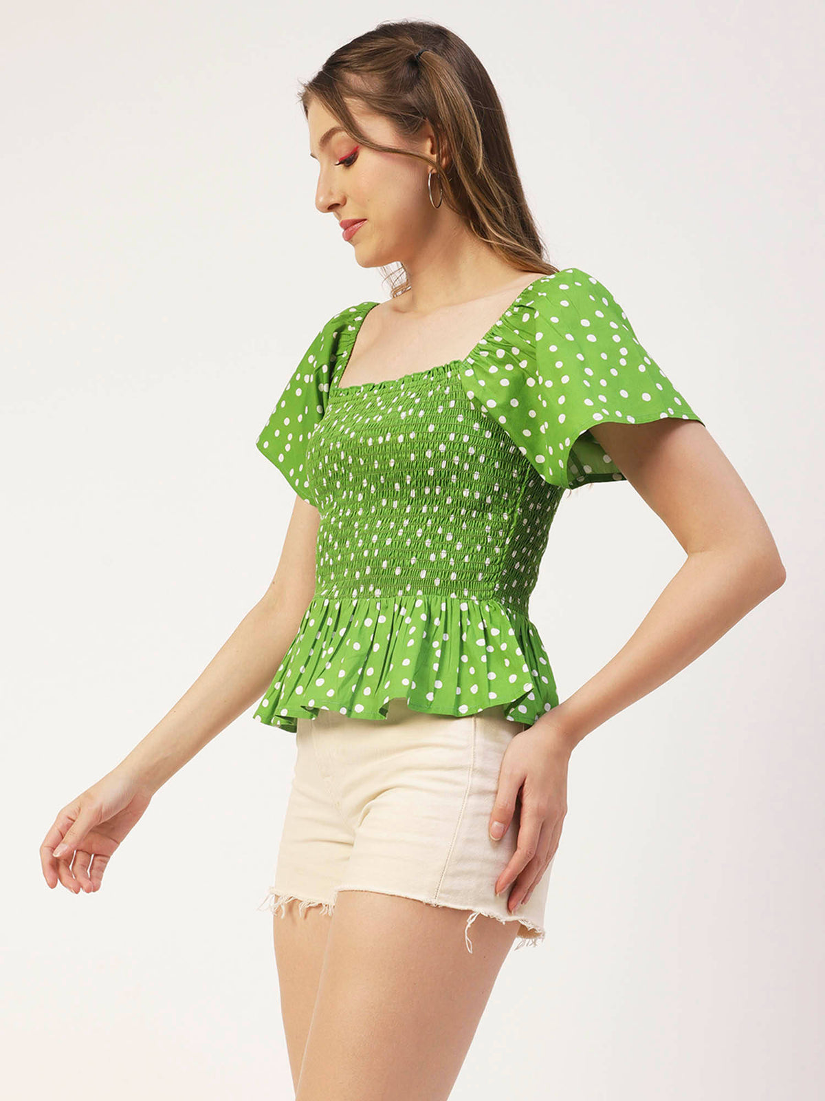 Women Peplum Fit Poplin Polka Dots Green Top | pt51 - view 3