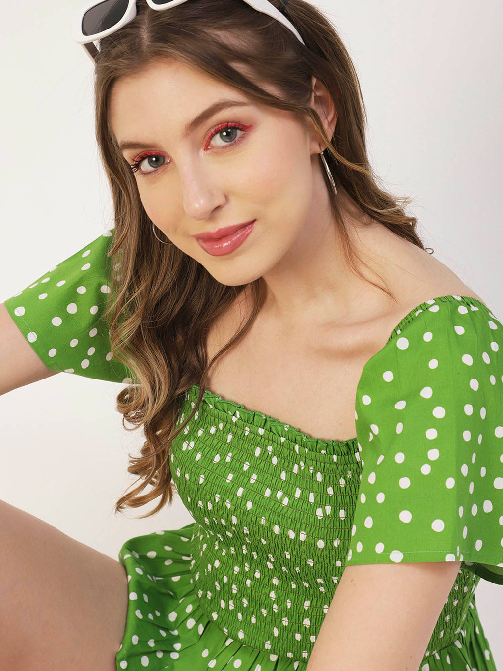 Women Peplum Fit Poplin Polka Dots Green Top | pt51 - view 4