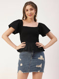 Women Peplum Fit Poplin Solid Black Top | pt51 - view 1