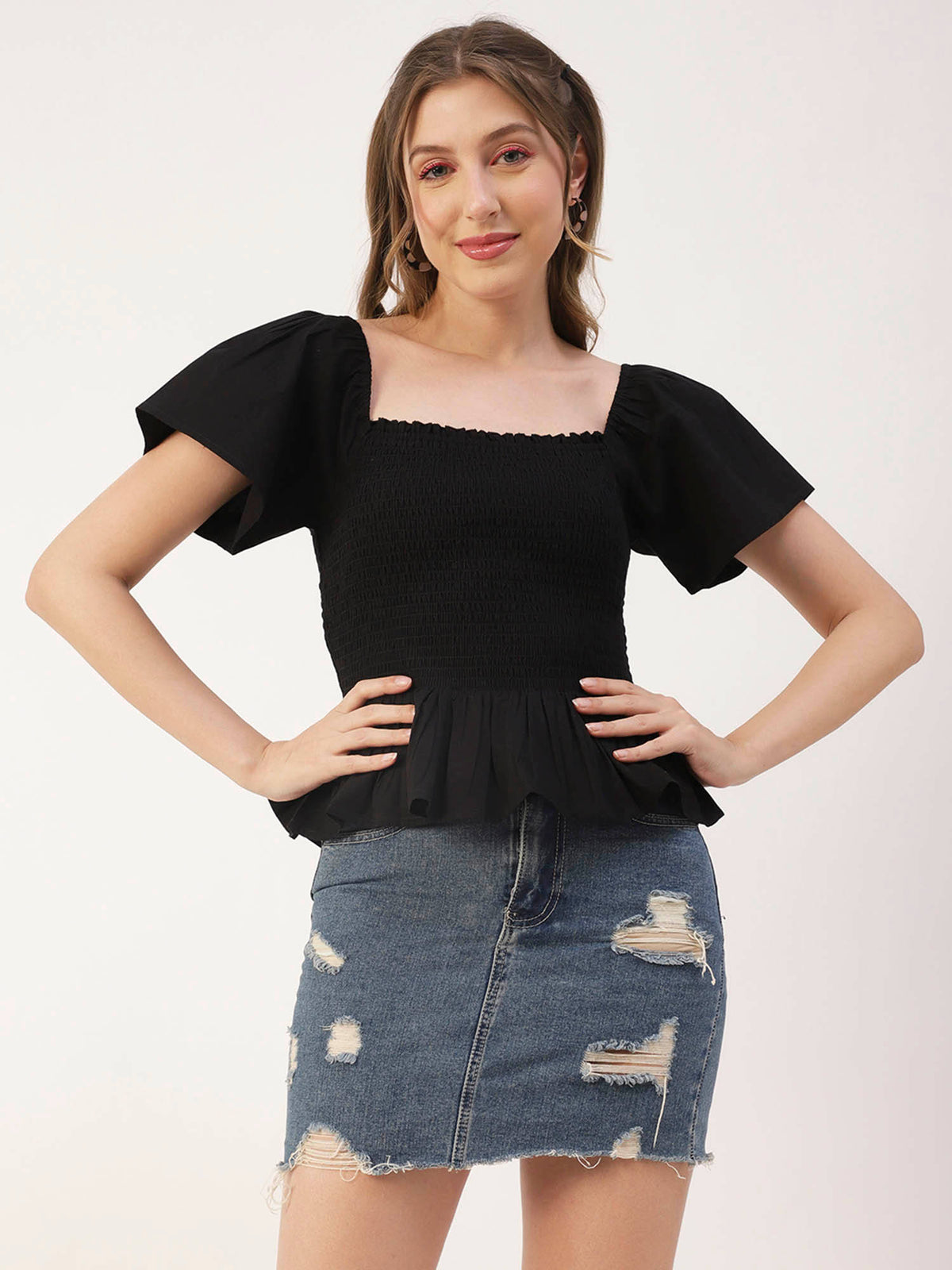 Women Peplum Fit Poplin Solid Black Top | pt51 - view 1