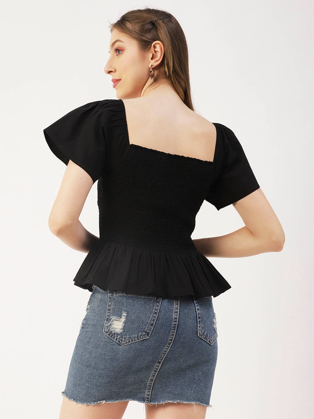 Women Peplum Fit Poplin Solid Black Top | pt51 - view 2