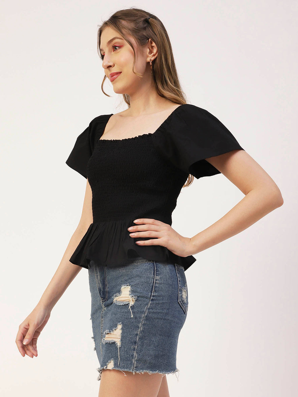 Women Peplum Fit Poplin Solid Black Top | pt51 - view 3