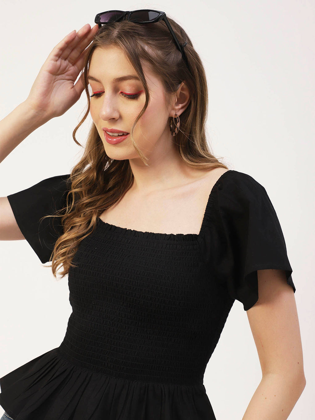 Women Peplum Fit Poplin Solid Black Top | pt51 - view 4