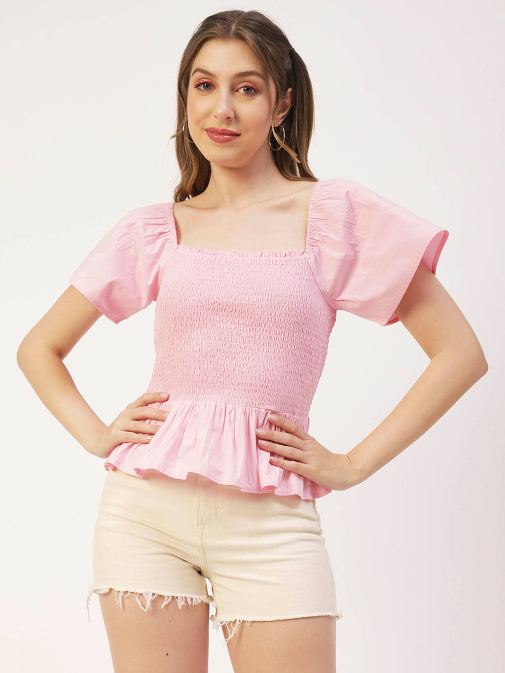 Women Peplum Fit Poplin Solid Pink Top | pt51 - view 1
