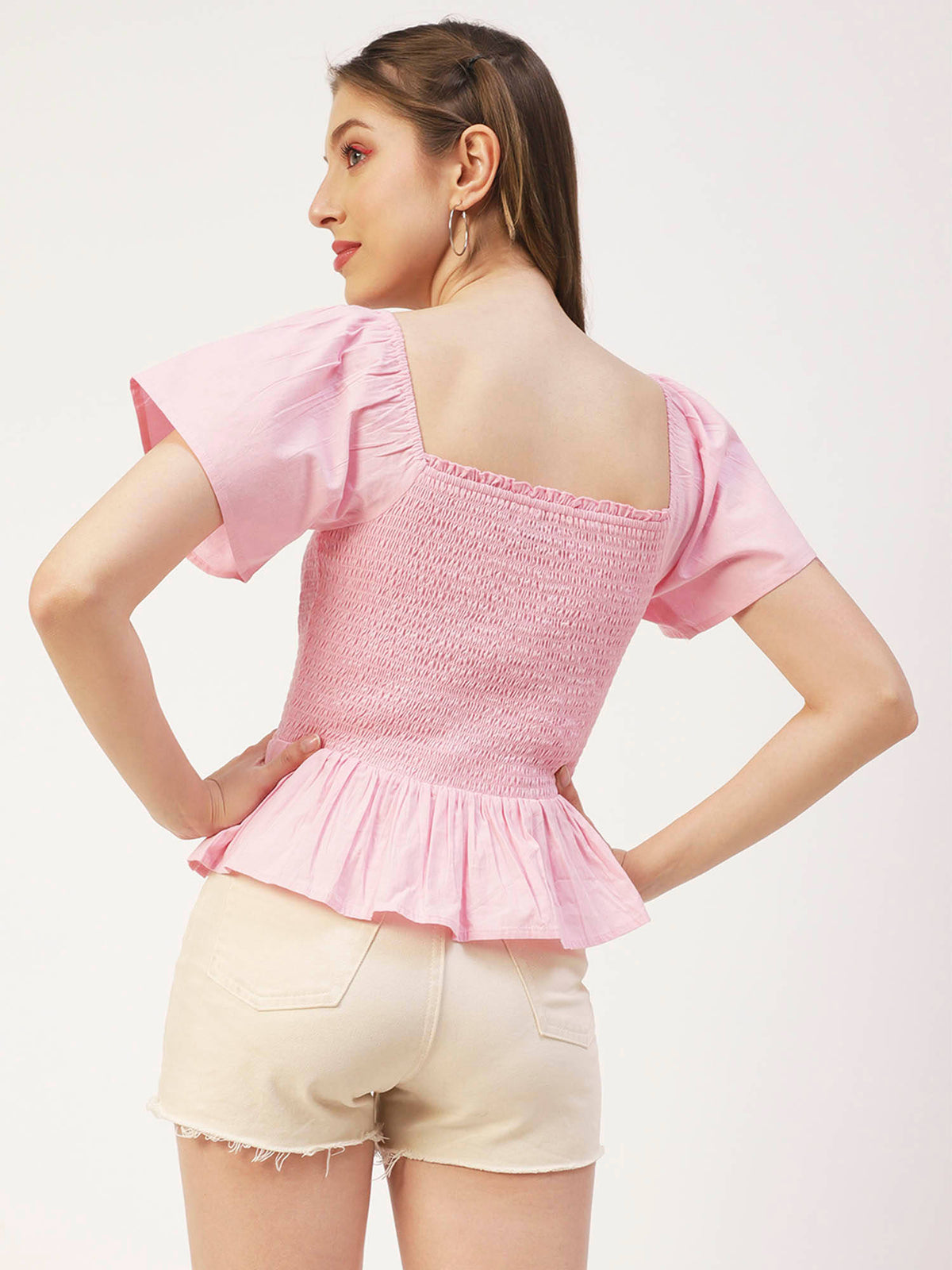 Women Peplum Fit Poplin Solid Pink Top | pt51 - view 2