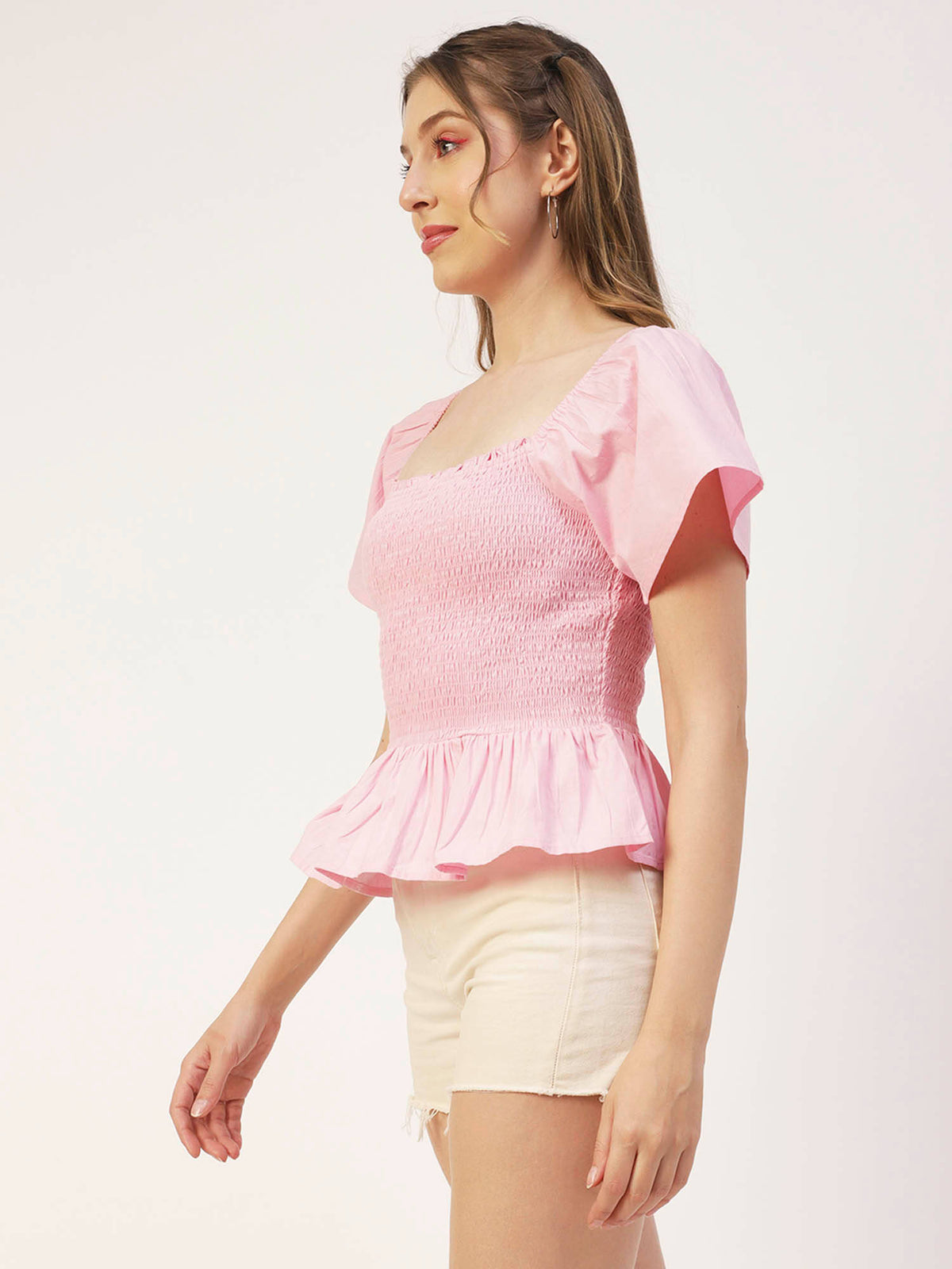 Women Peplum Fit Poplin Solid Pink Top | pt51 - view 3