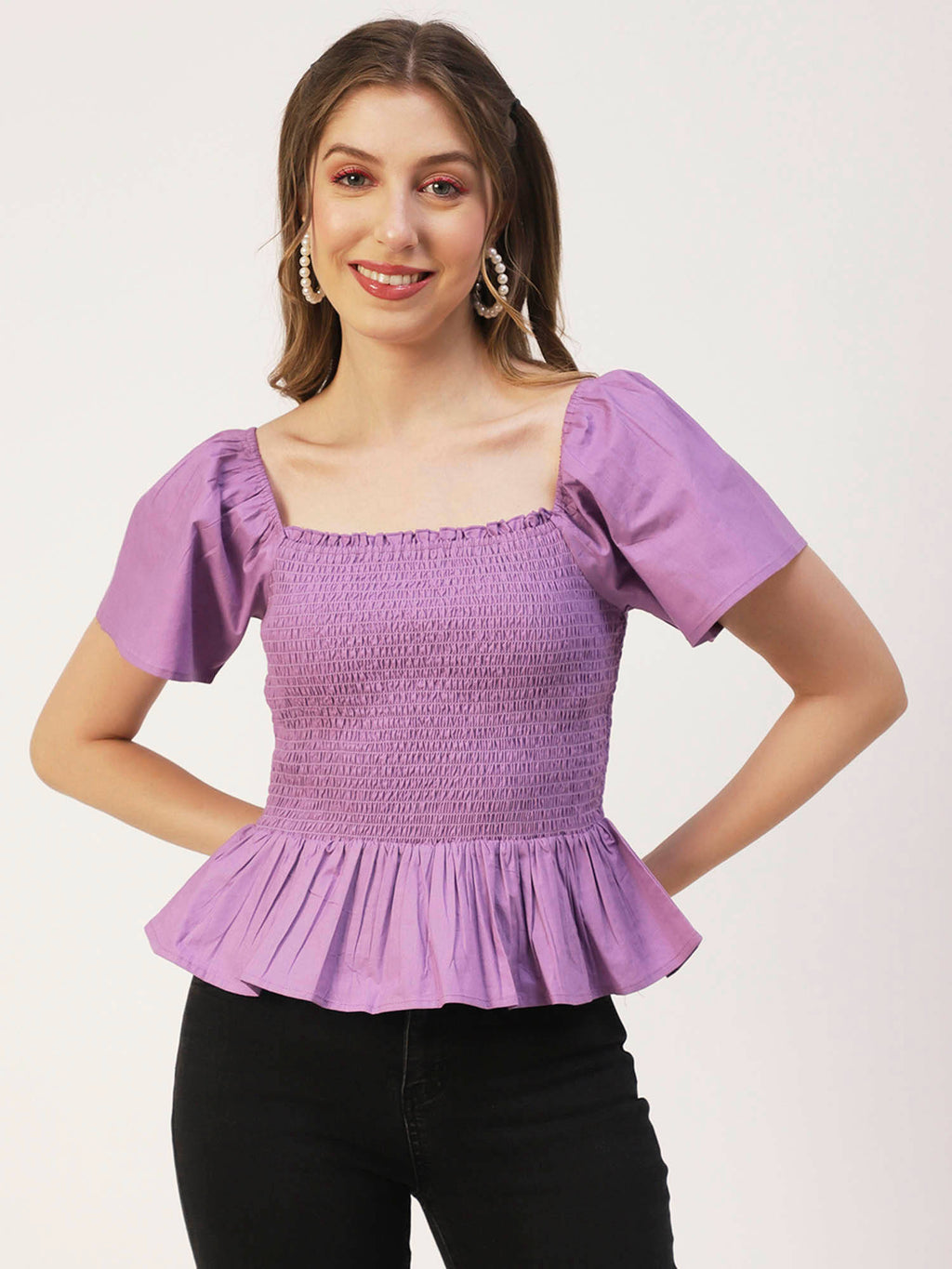 Women Peplum Fit Poplin Solid Purple Top | pt51 - view 1