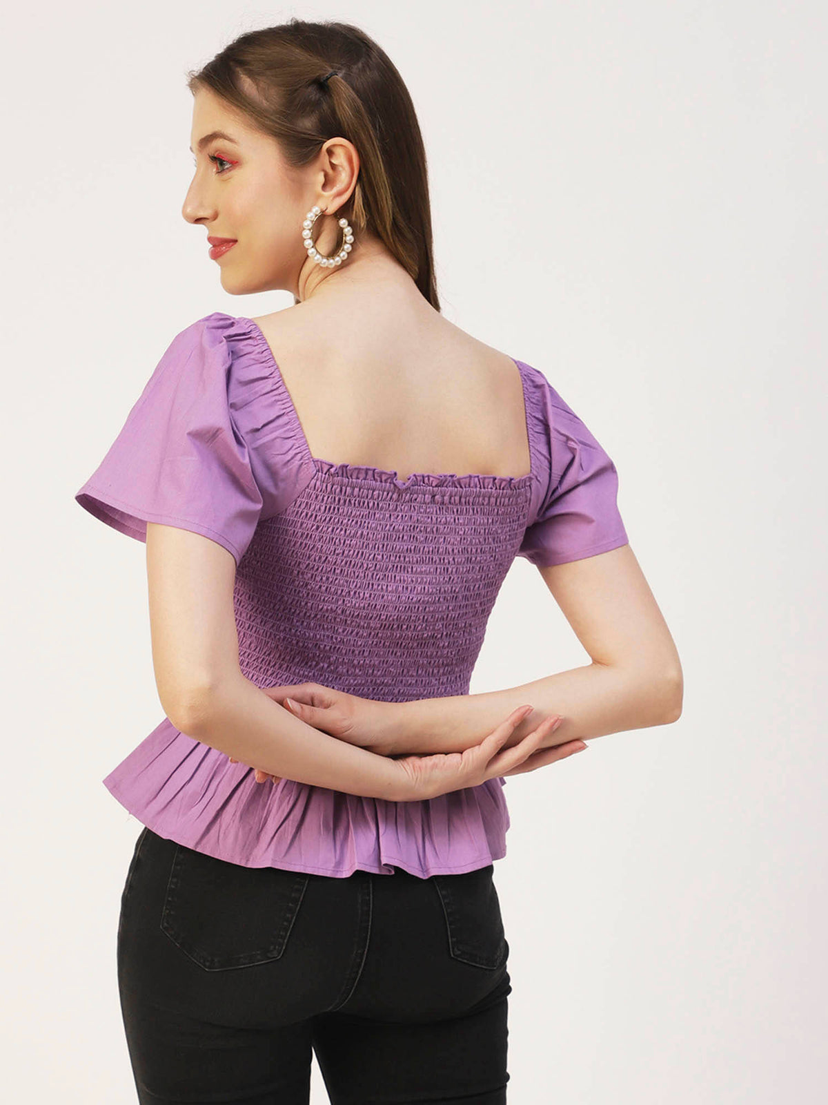 Women Peplum Fit Poplin Solid Purple Top | pt51 - view 2