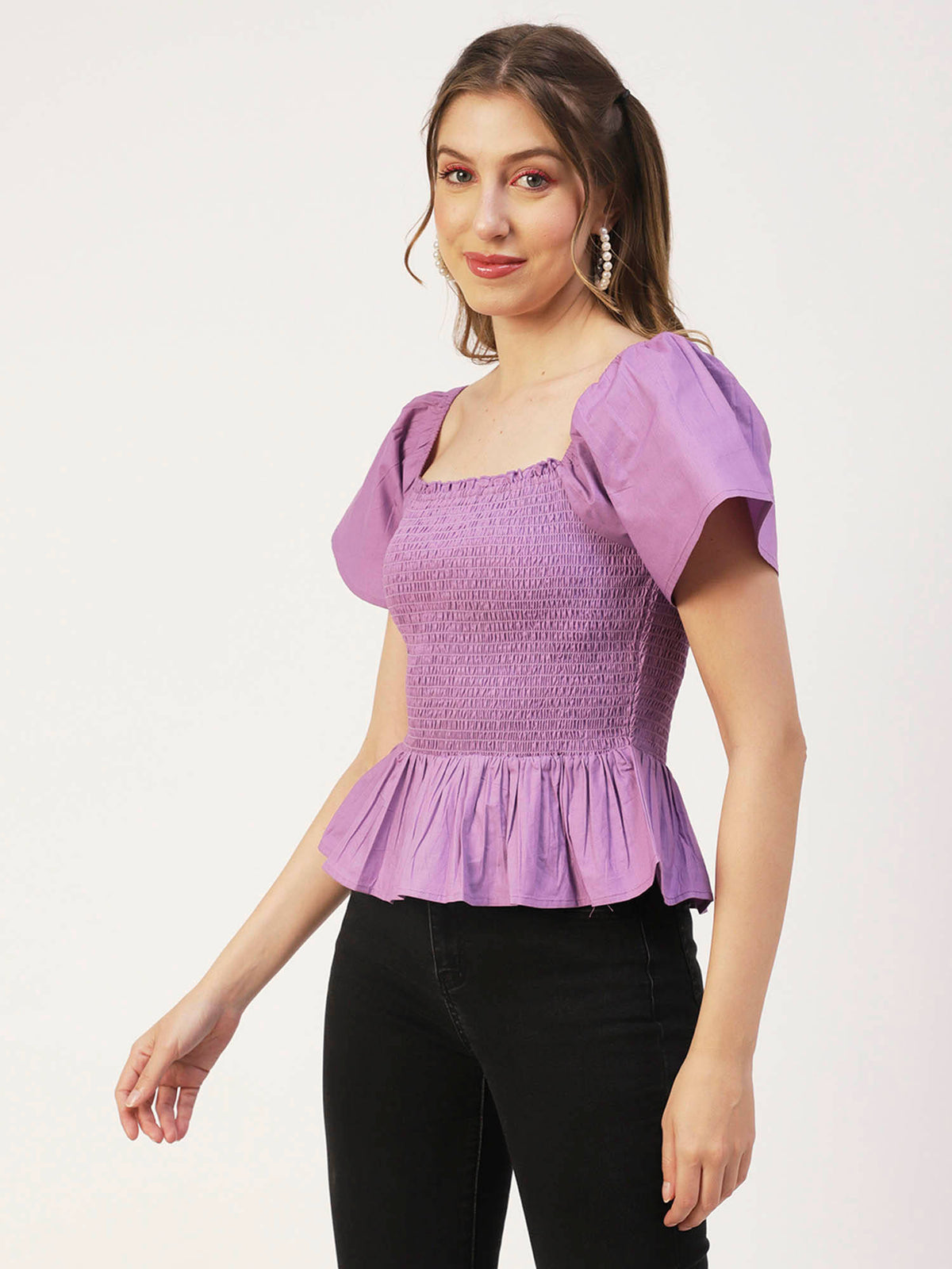 Women Peplum Fit Poplin Solid Purple Top | pt51 - view 3