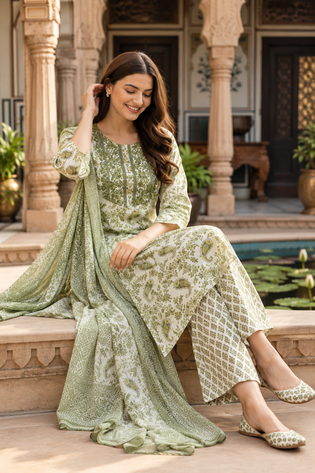 Olive Green Printed Kurta Set with Matching Dupatta