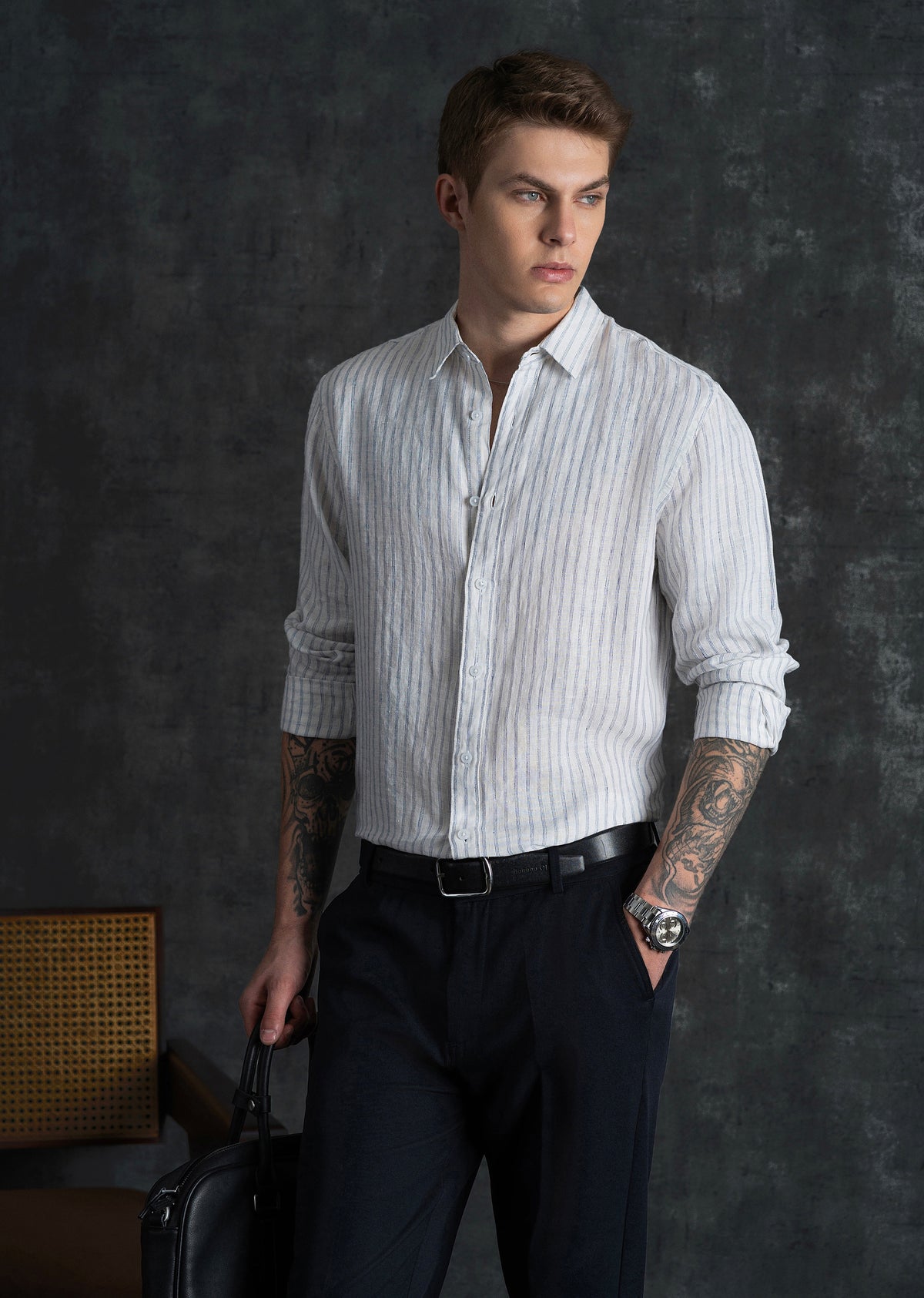 100% Linen Off-White Self-Stripe Shirt