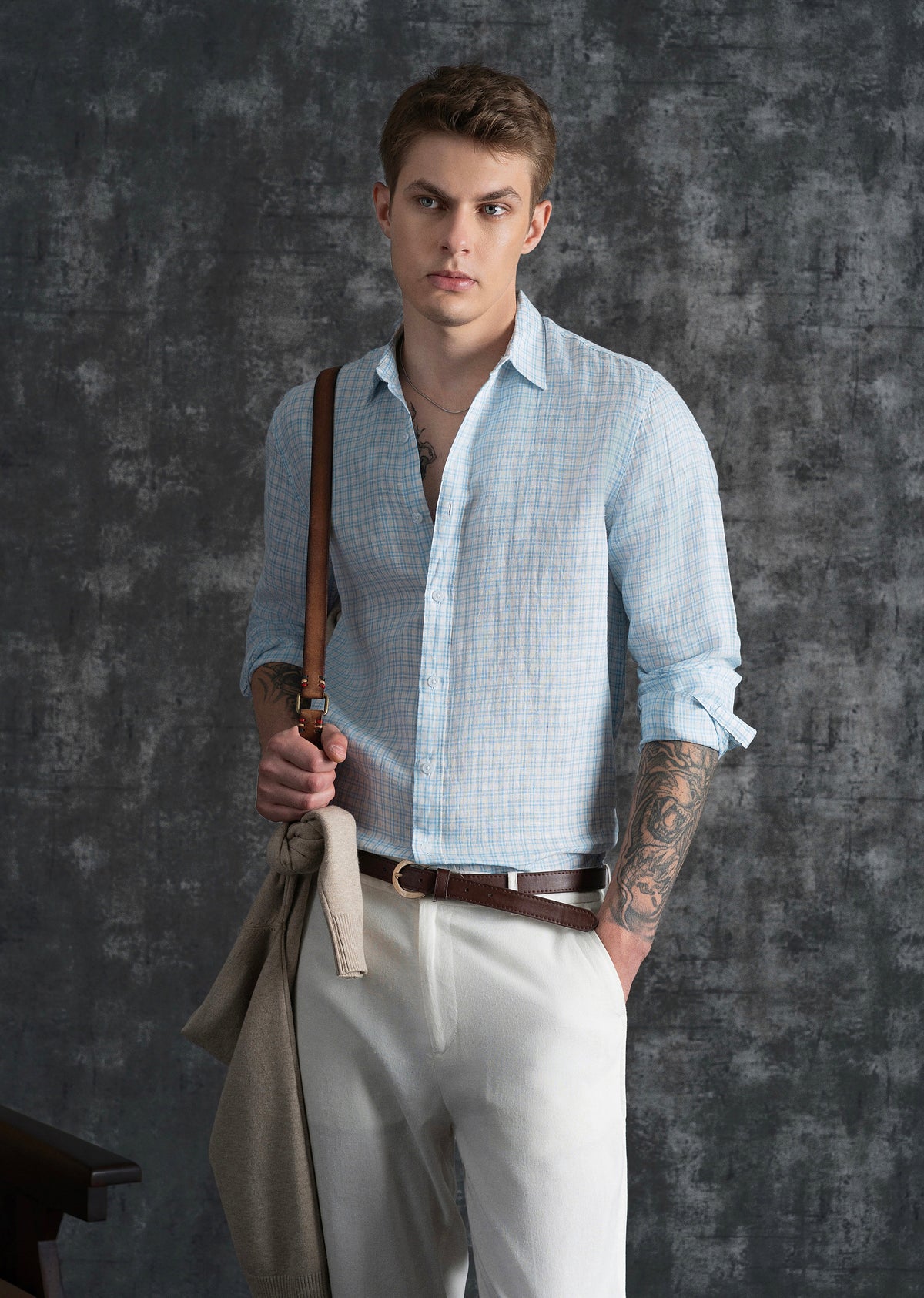 Sky Blue 100% Pure Linen Check Shirt