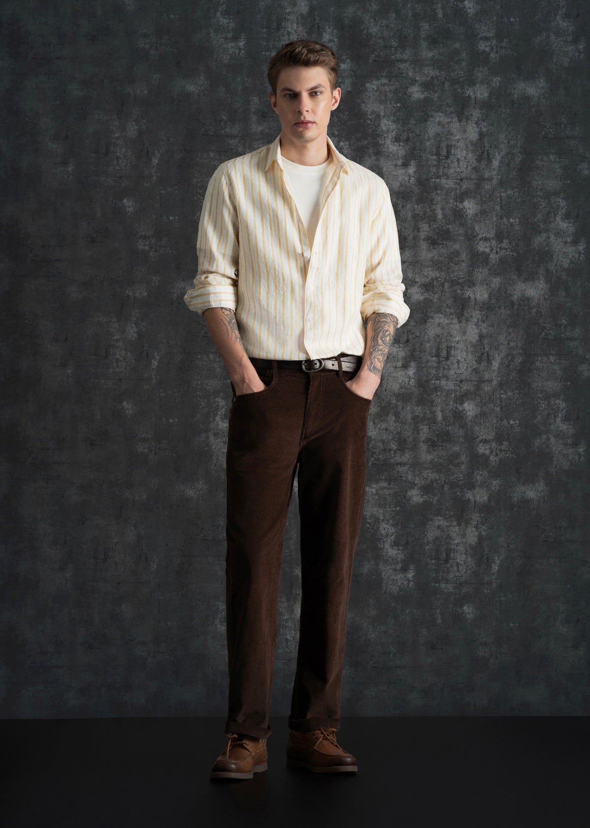 100% Linen Yellow Self-Stripe Shirt