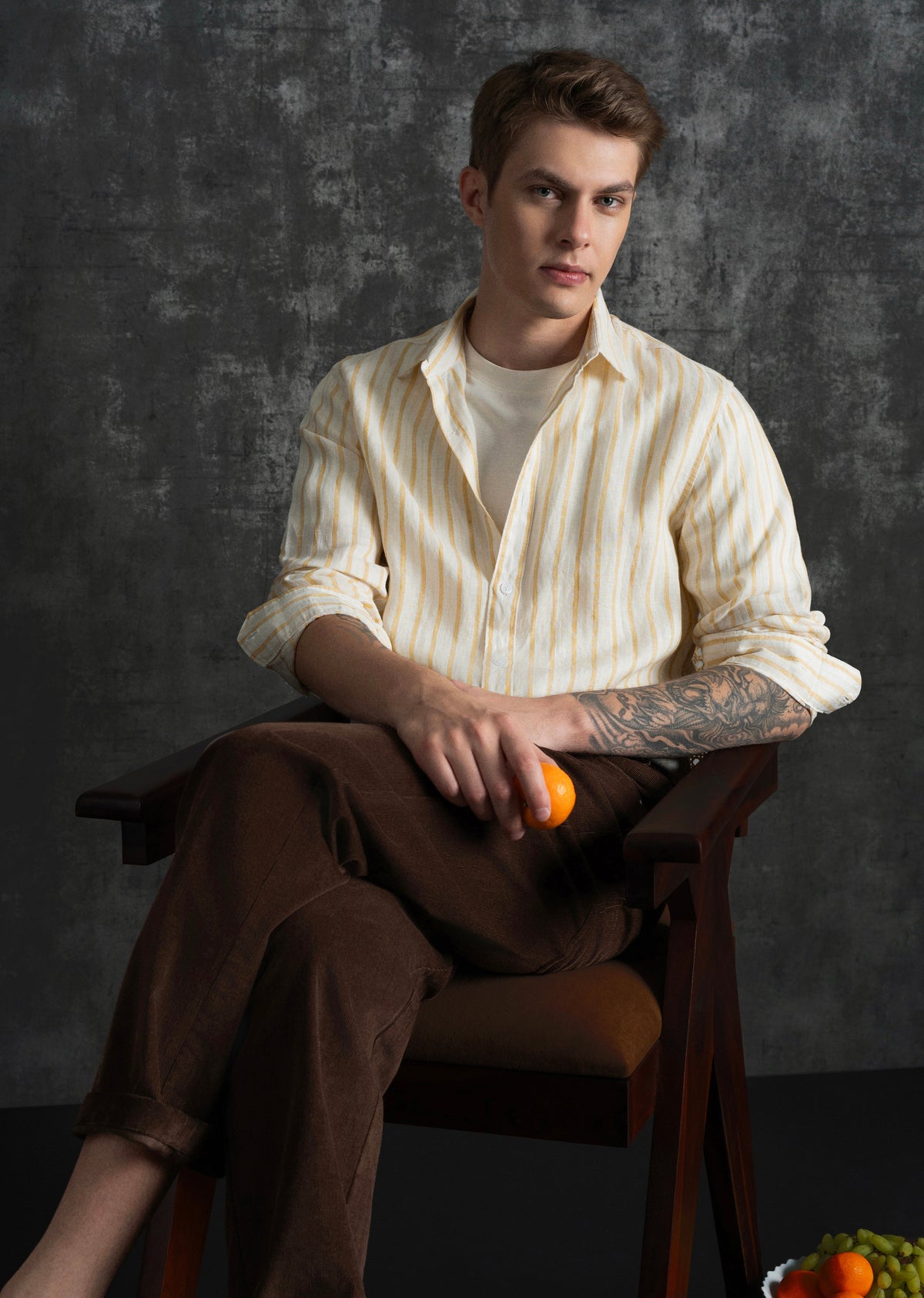 100% Linen Yellow Self-Stripe Shirt