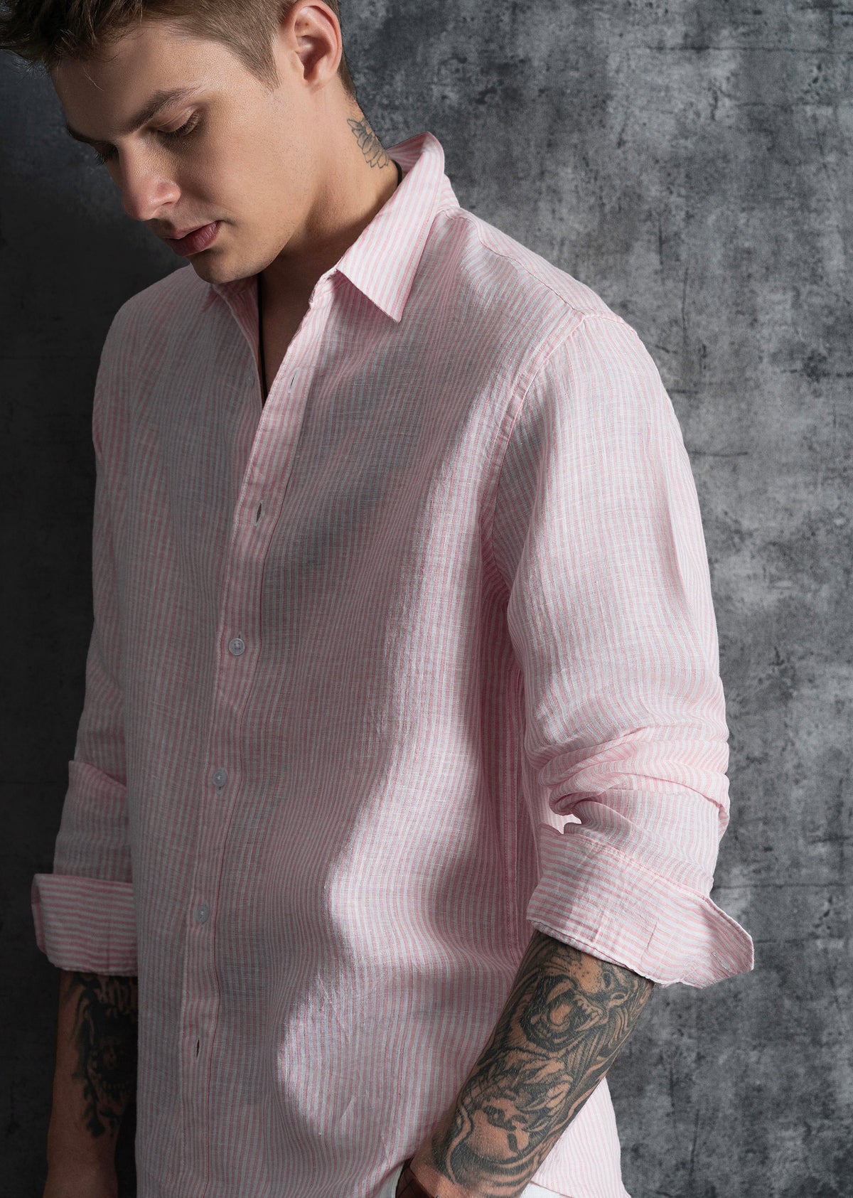 100% Linen Pink Self-Stripe Shirt