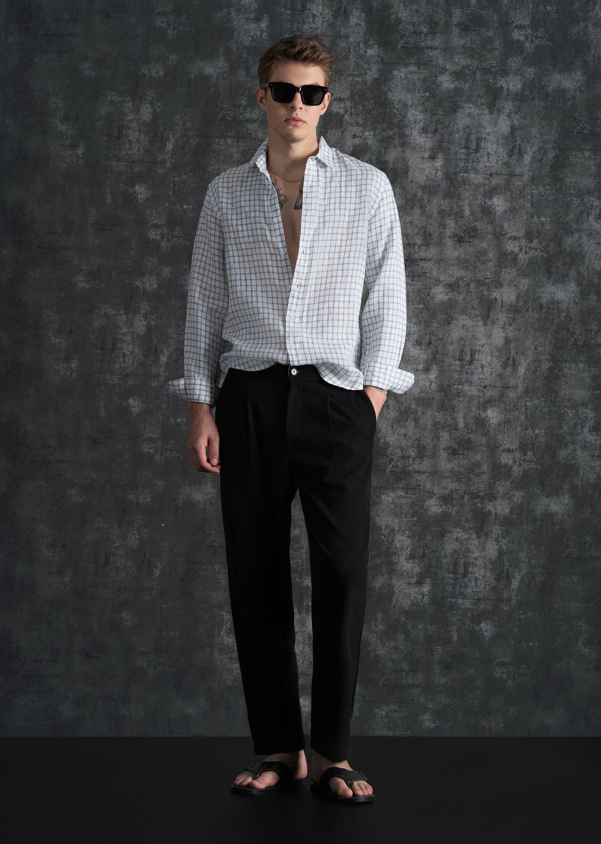 Blue 100% Pure Linen Check Shirt
