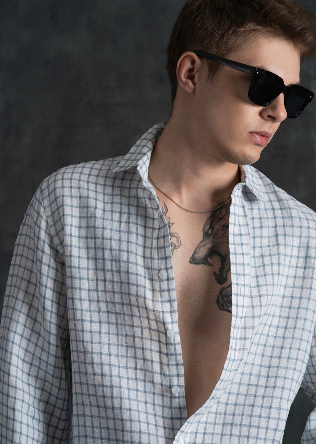 Blue 100% Pure Linen Check Shirt