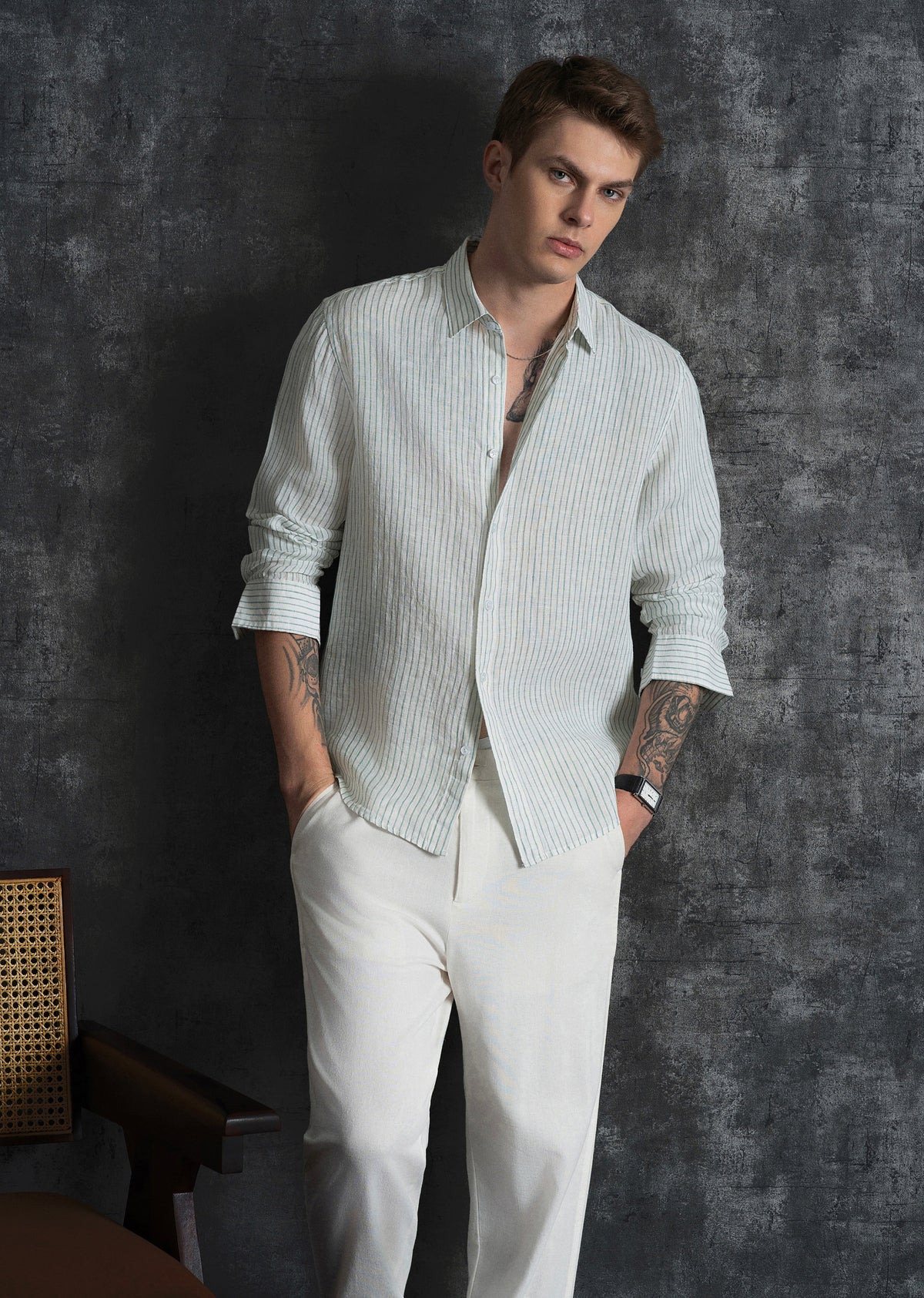 100% Linen Green Self-Stripe Shirt