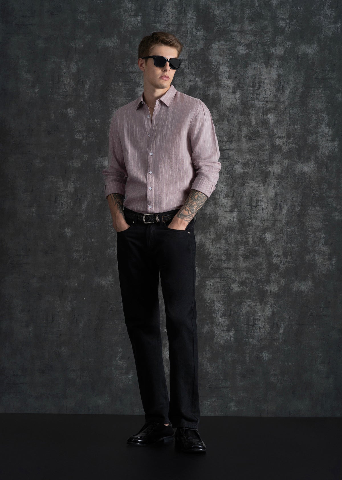 100% Linen Purple Vertical Stripe Shirt