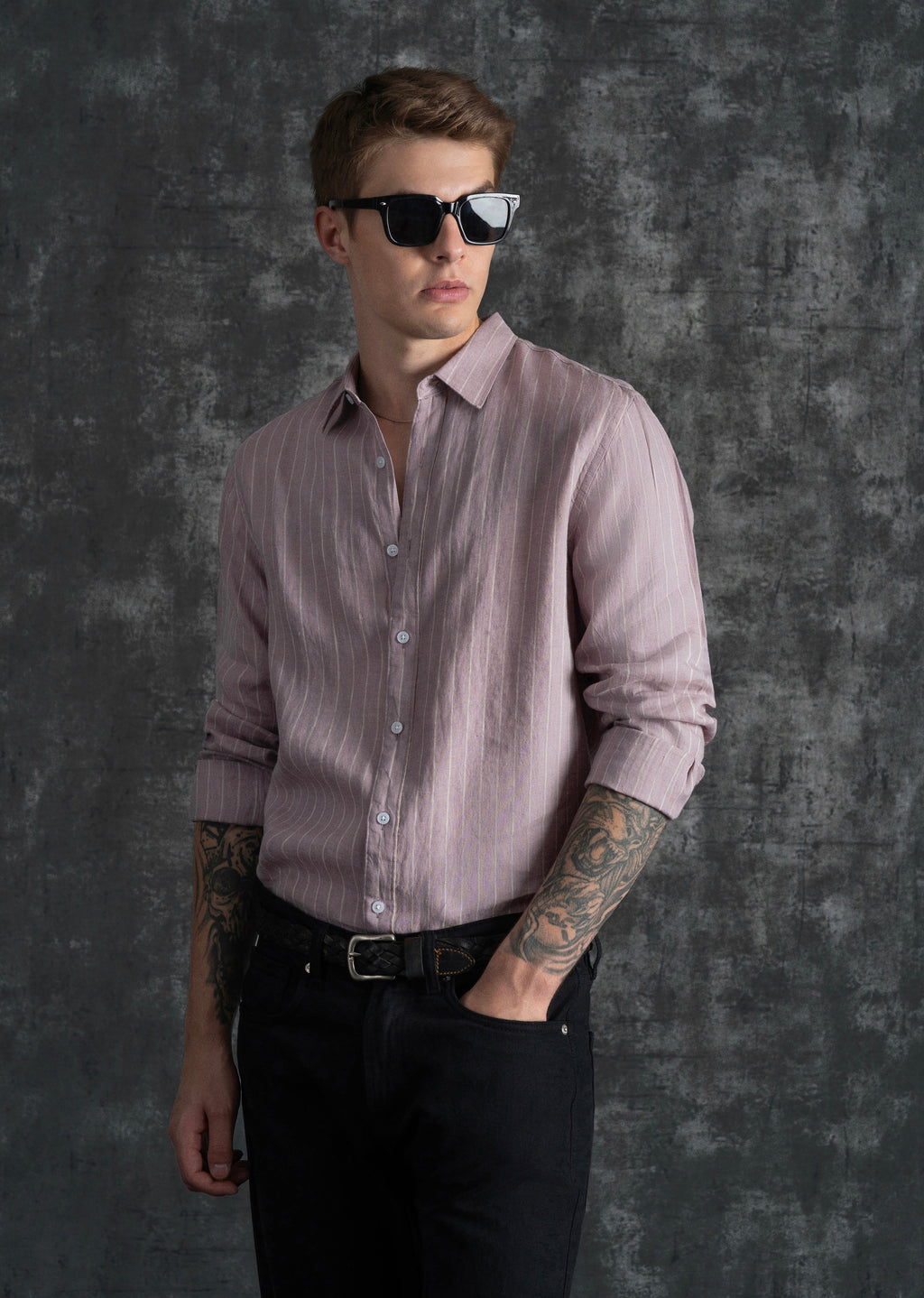 100% Linen Purple Vertical Stripe Shirt