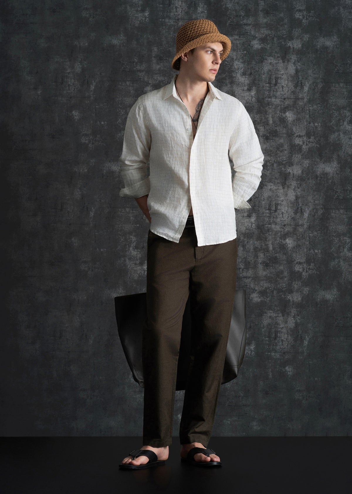 100% Pure Linen Off-White Check Shirt