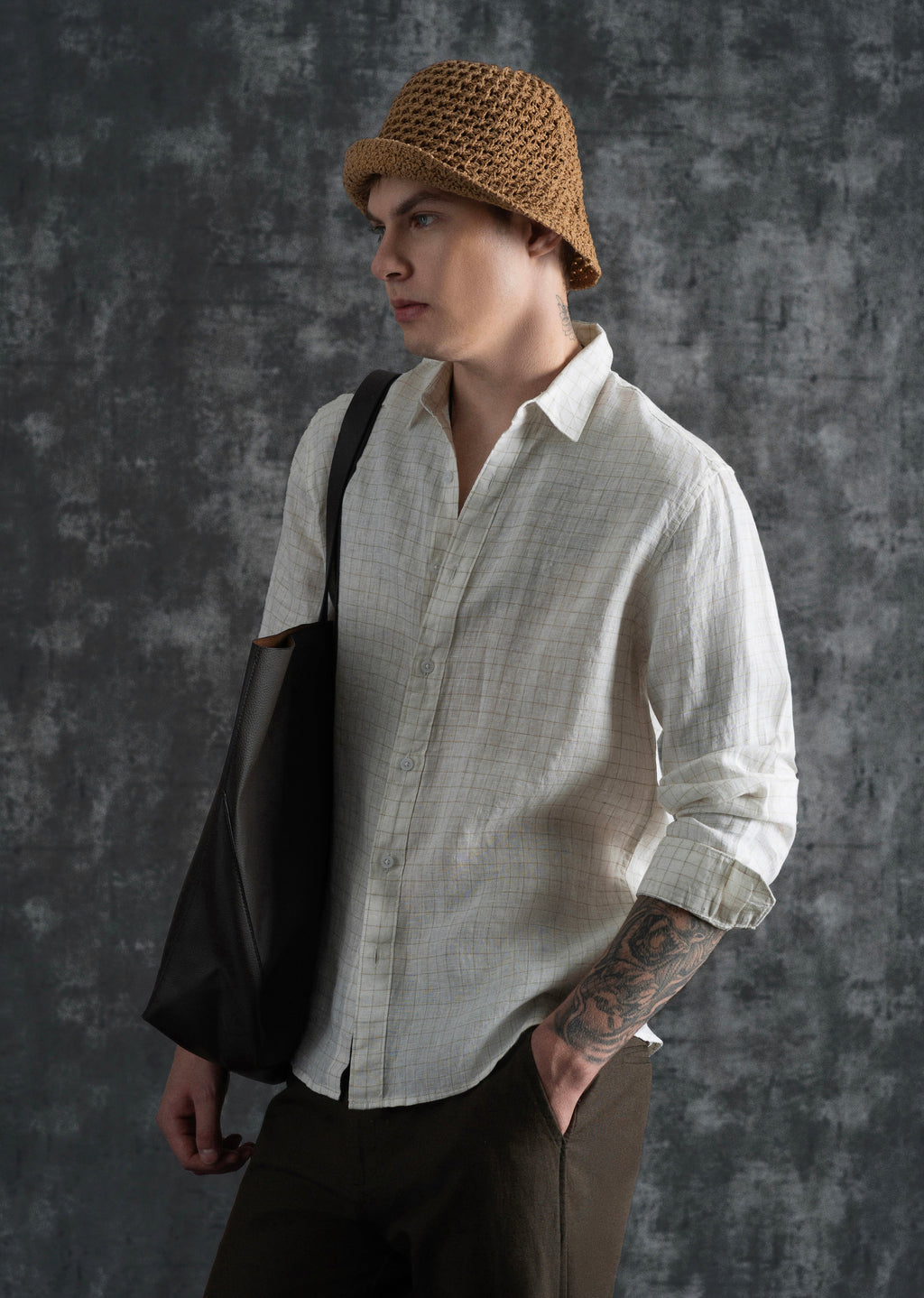100% Pure Linen Off-White Check Shirt