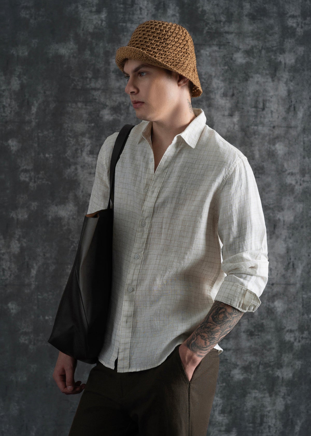 100% Pure Linen Off-White Check Shirt