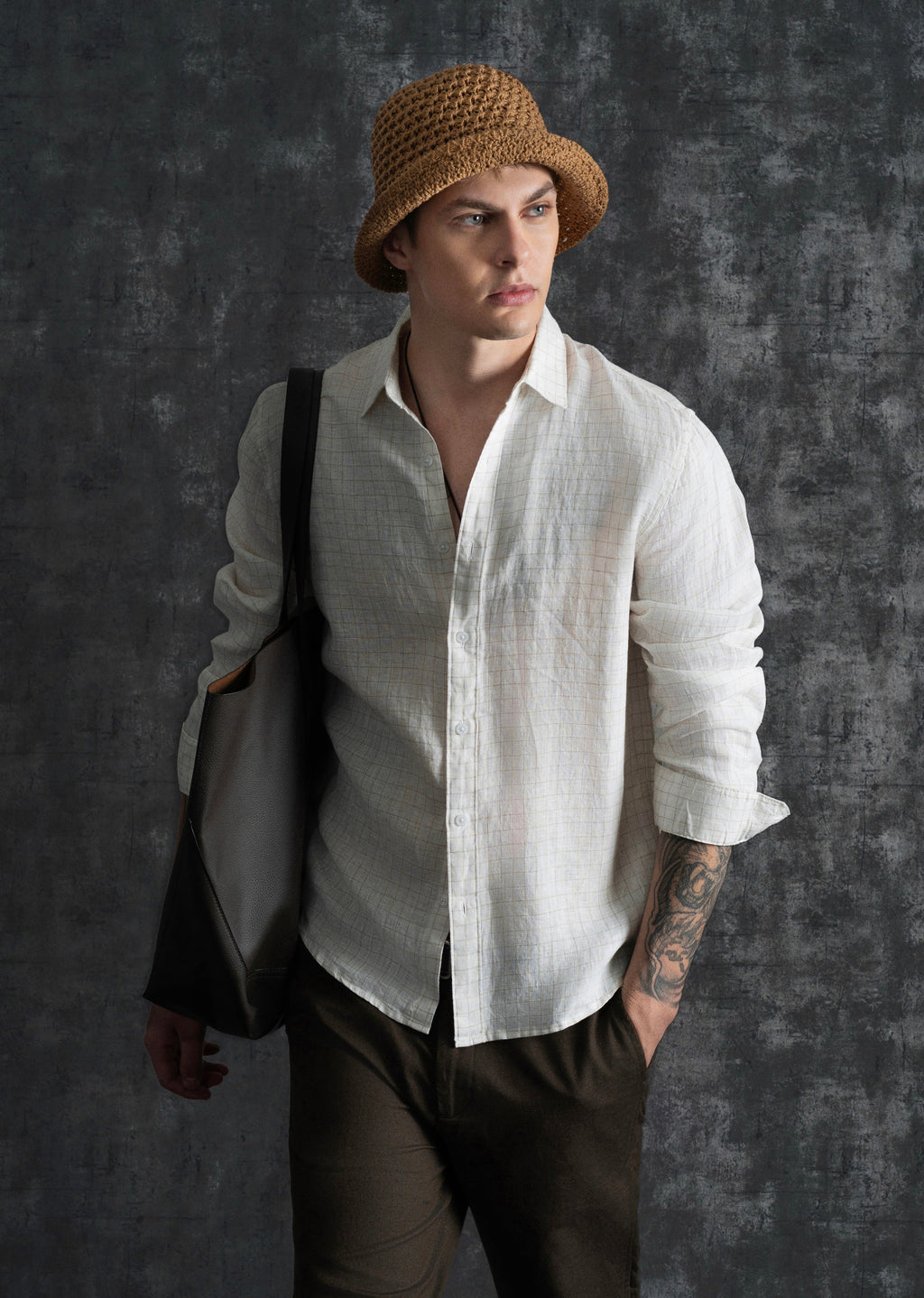 100% Pure Linen Off-White Check Shirt