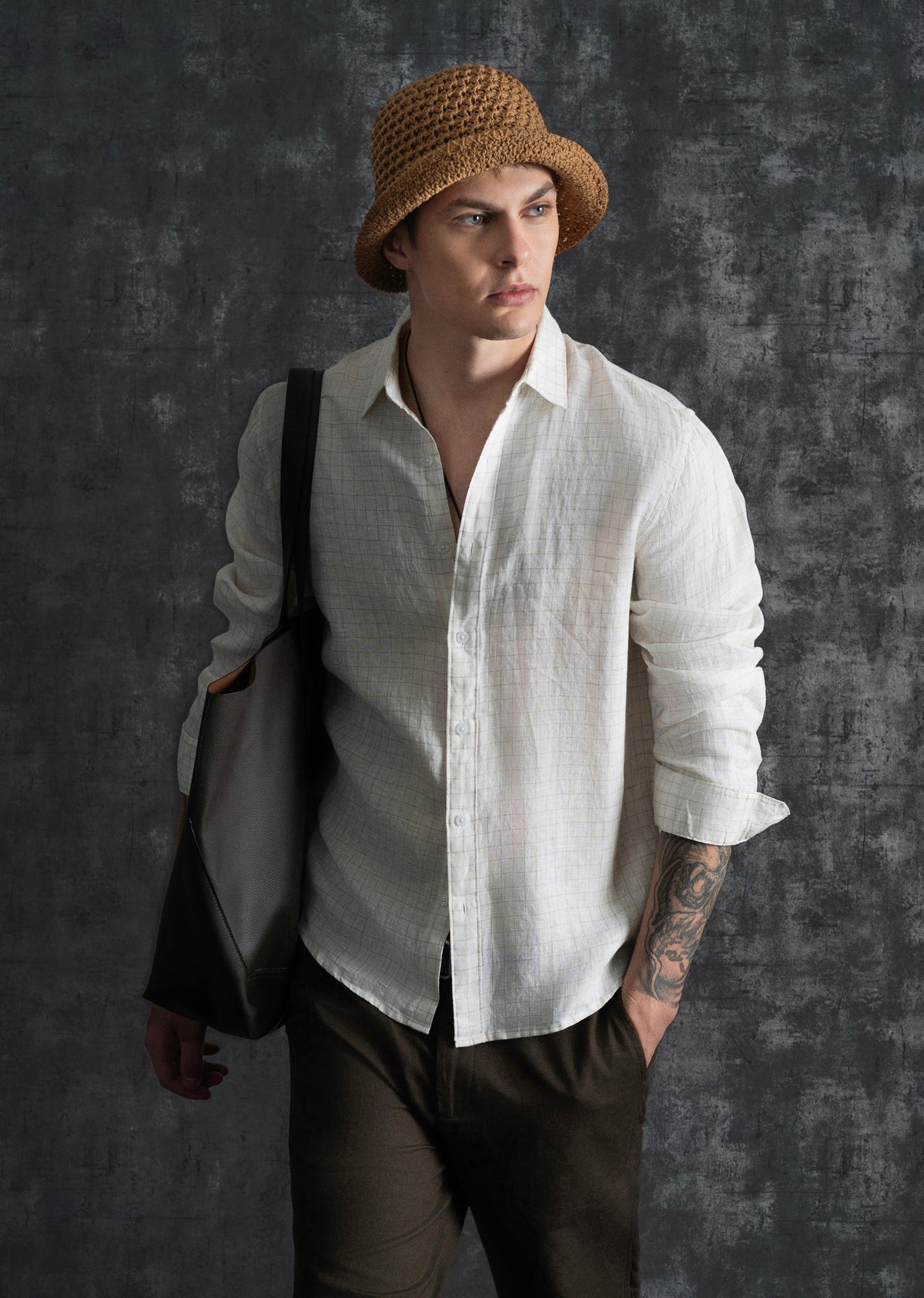 100% Pure Linen Off-White Check Shirt