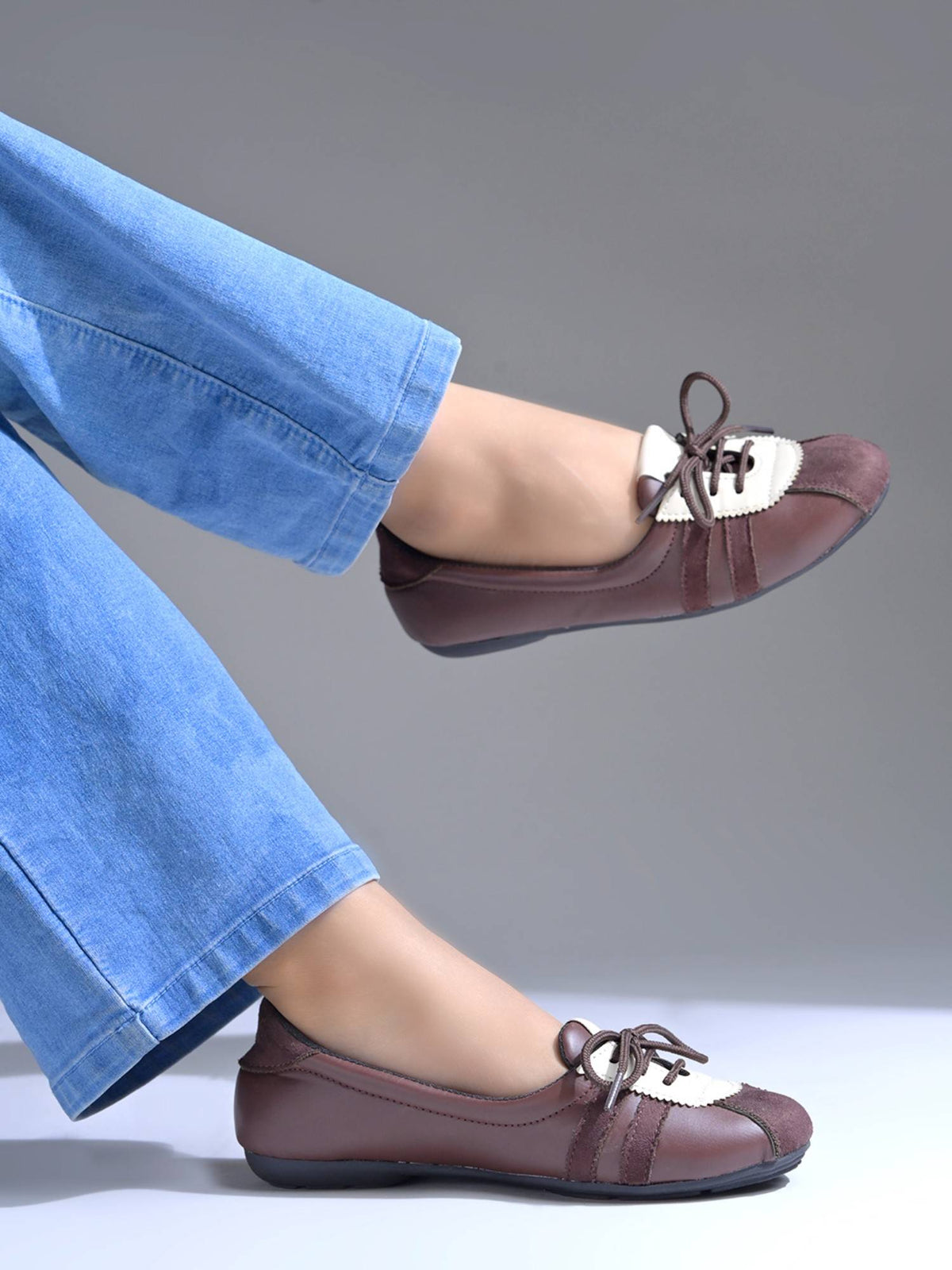 Women Dual-Tone Brown Lace-Up Ballerinas with Scalloped Trim | F61 - view 1