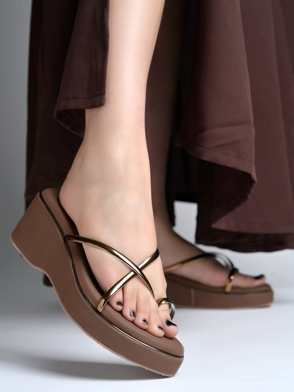 Women Brown Metallic Strap Wedges Heels | H78 - view 1